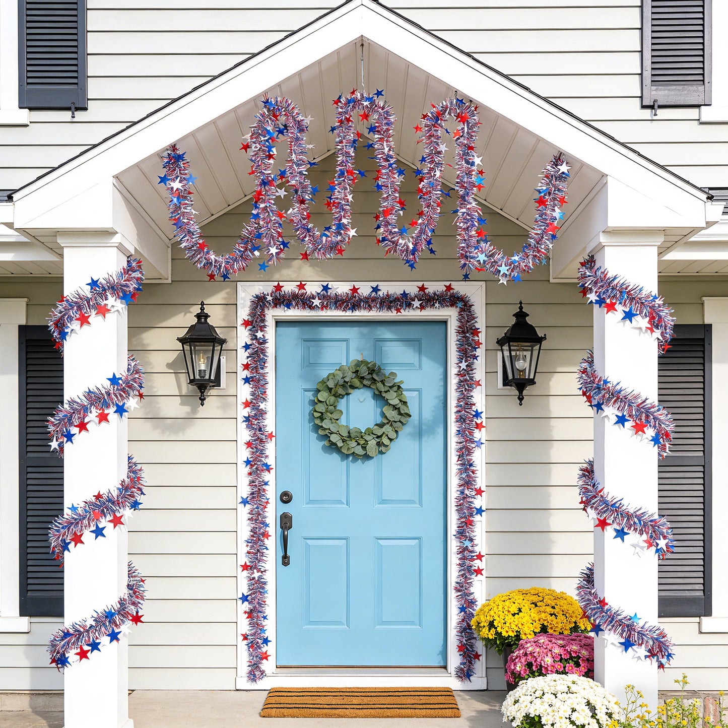 DR.Planzen 4th of July Garland, 4 PCS 9FT Red White Blue Glitter Garland, Patriotic Tinsel Garland with Stars for Memorial Day, Outdoor Indoor Party Decorations