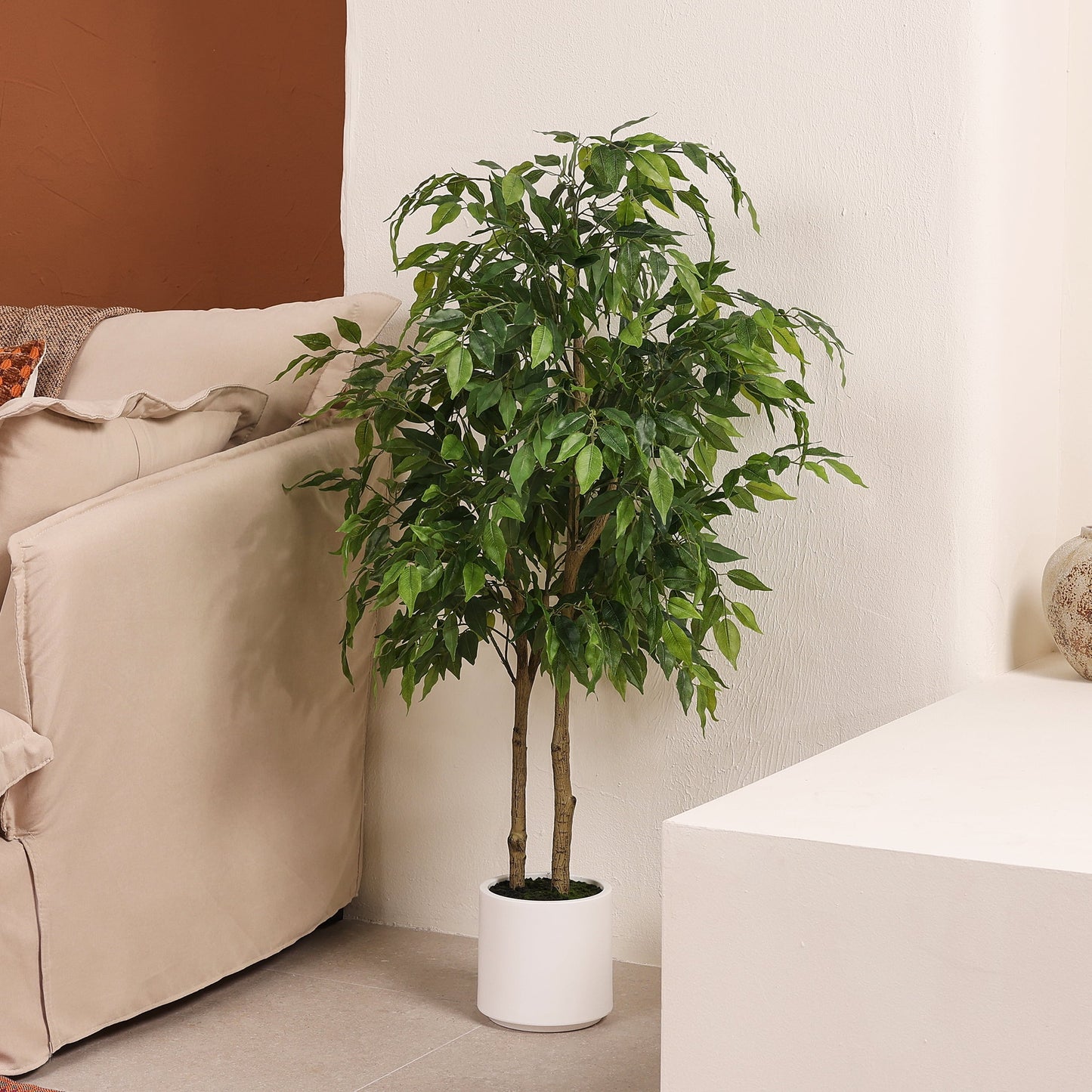 DR.Planzen 4.5ft Artificial Ficus Tree with White Planter, Tall Faux Ficus Tree, Artificial Plants for Home Office Decor