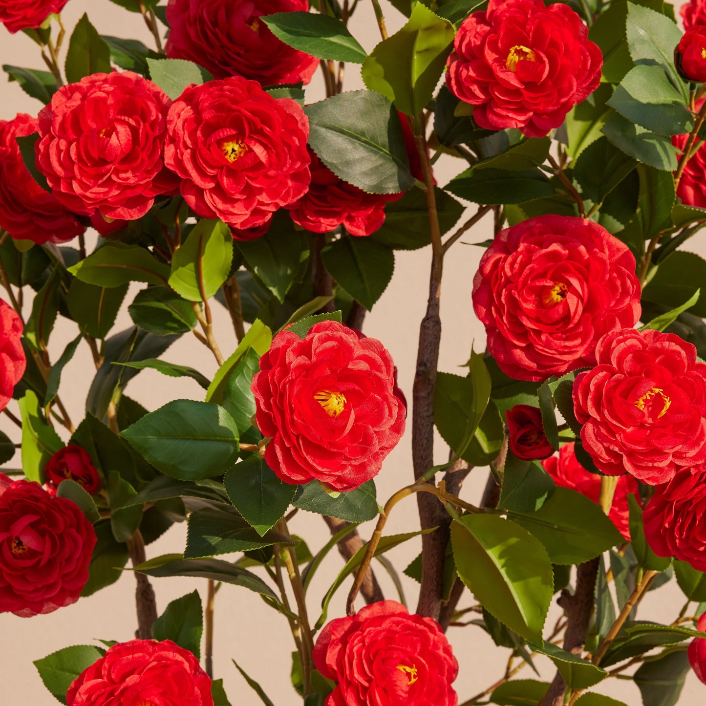 Artificial Camellia Tree 4FT Tall Faux Camellia Plant UV Resistant Fake Flowering Tree Potted ¨C 48 Blooming Red Flowers & 348 Silk Leaves, Artificial Plant Indoor Outdoor Decor for Living Room Porch