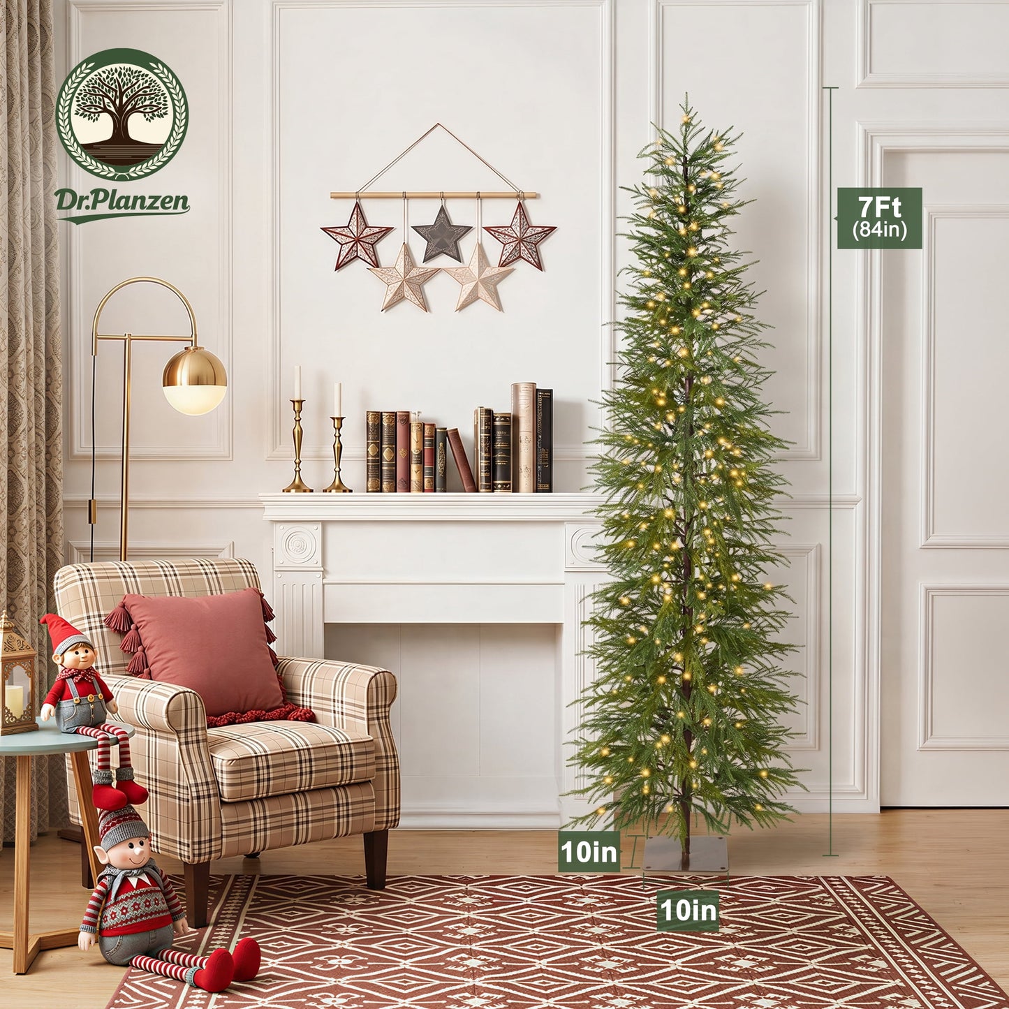 DR.Planzen 7' Pre-Lit Green Cypress Artificial Christmas Tree with 260 Warm White LED Lights, Full-Bodied Xmas Tree with Metal Stand, Large Indoor Holiday Centerpiece