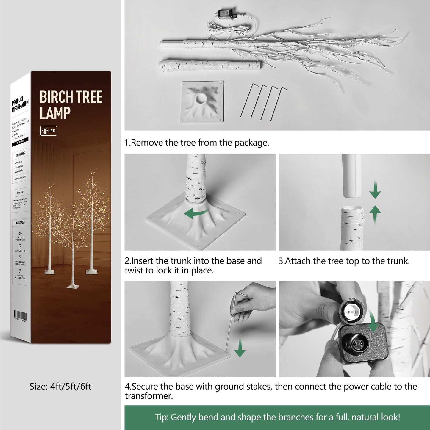 LED Birch Tree Light Set - 4ft, 5ft, 6ft Artificial Pre-lit Trees - with Plug-in Warm Lights - Indoor Outdoor Christmas Holiday Wedding Decor for Home Party (3-Pack)
