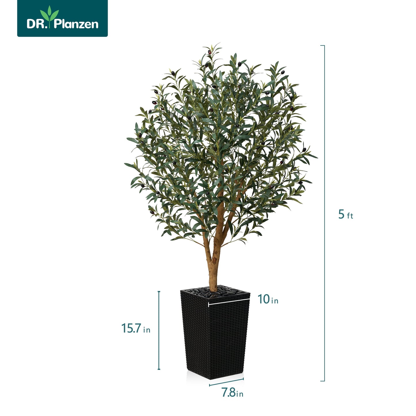 DR.Planzen UV Resistant 5ft Artificial Olive Tree with Natural Wood Branches and Realistic Silk Leaves,Faux Olive Tree for Indoor and Outdoor Decor - Black Large Planter with Pebbles
