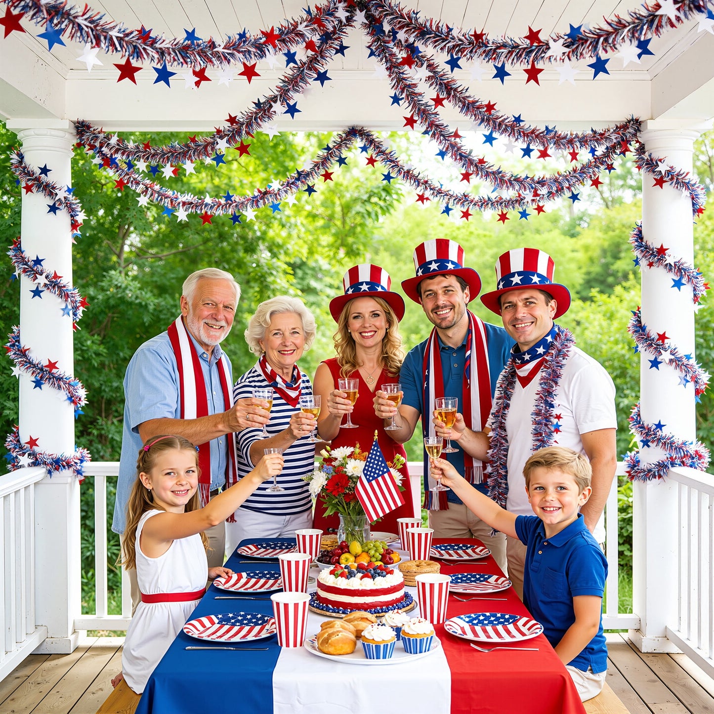 DR.Planzen 4th of July Garland, 4 PCS 9FT Red White Blue Glitter Garland, Patriotic Tinsel Garland with Stars for Memorial Day, Outdoor Indoor Party Decorations
