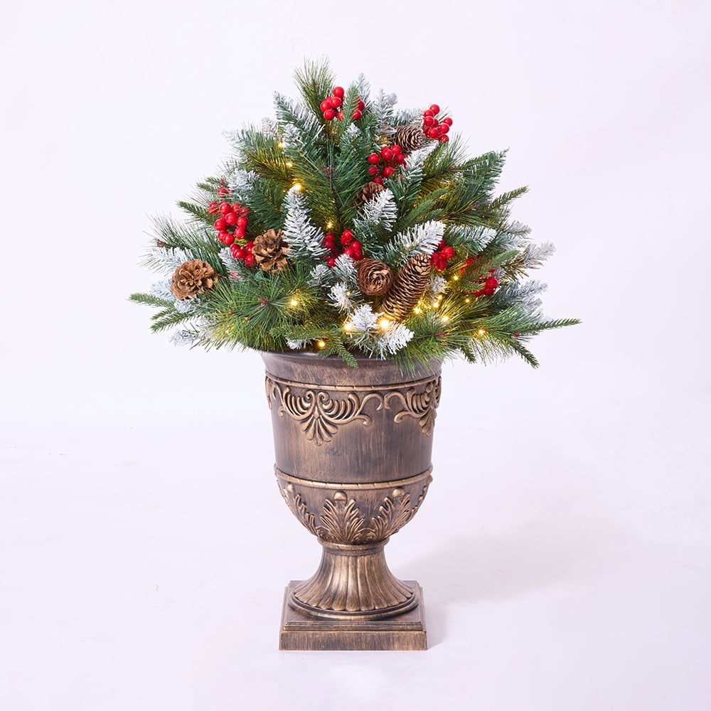 DR.Planzen 2 Pack 28in Pre-Lit Mini Artificial Christmas Tree with Urn Base, 8 Lighting Modes LED, Flocked Branches with Pinecones Red Berries for Front Porch Entrance Home Holiday Decorations