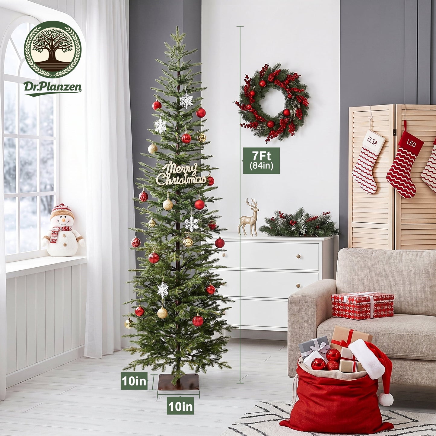 DR.Planzen 7ft Prelit Pencil Christmas Tree with 200 Warm White LED Lights, 1961 PE Branch Tips, Iron Base, Slim Artificial Christmas Tree for Apartment, Entryway, Corner, Office