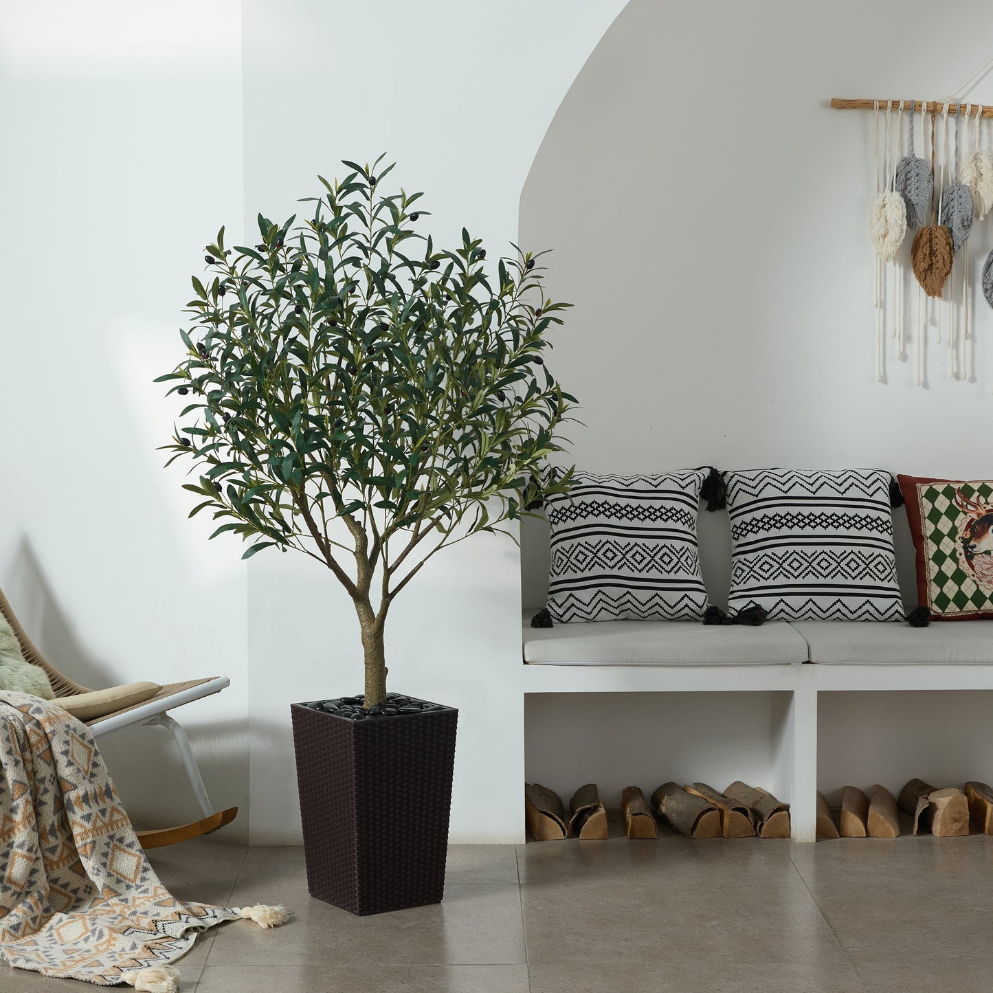 DR.Planzen UV Resistant 5ft Artificial Olive Tree in Brown Large Planter with Pebbles¨C Faux Olive Tree for Indoor and Outdoor Decor, Lifelike Greenery for Home & Garden Decor