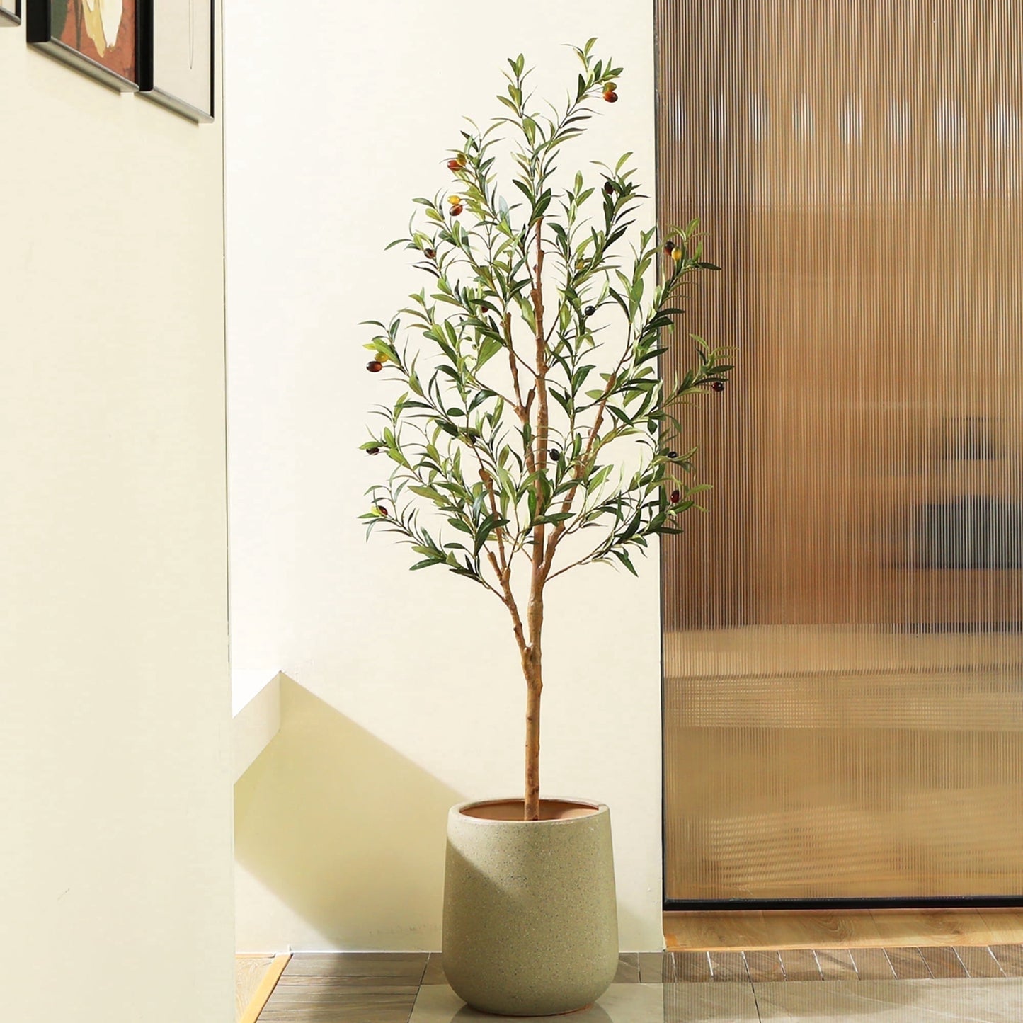 DR.Planzen 2 Pack 5ft Artificial Olive Tree Indoor, Tall Faux Olive Tree, Artificial Plants with Natural Wood Trunk and Lifelike Fruits for Home Office Decor