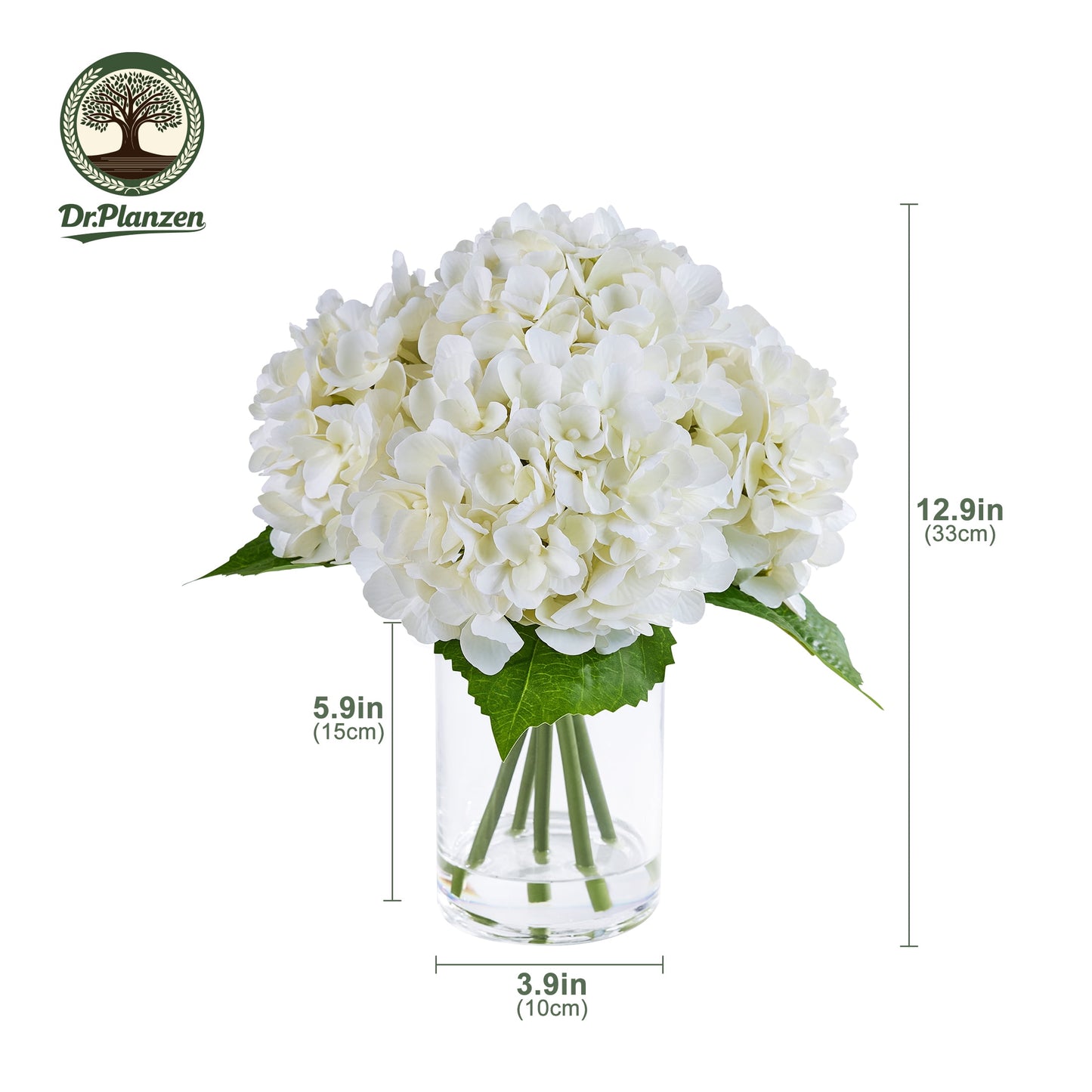 DR.Planzen 13in Artificial Hydrangea Flowers with Vase - White Faux Hydrangea Flowers, Clear Glass Vase with Faux Water, Table Centerpiece for Home Decor, Office, Wedding Party