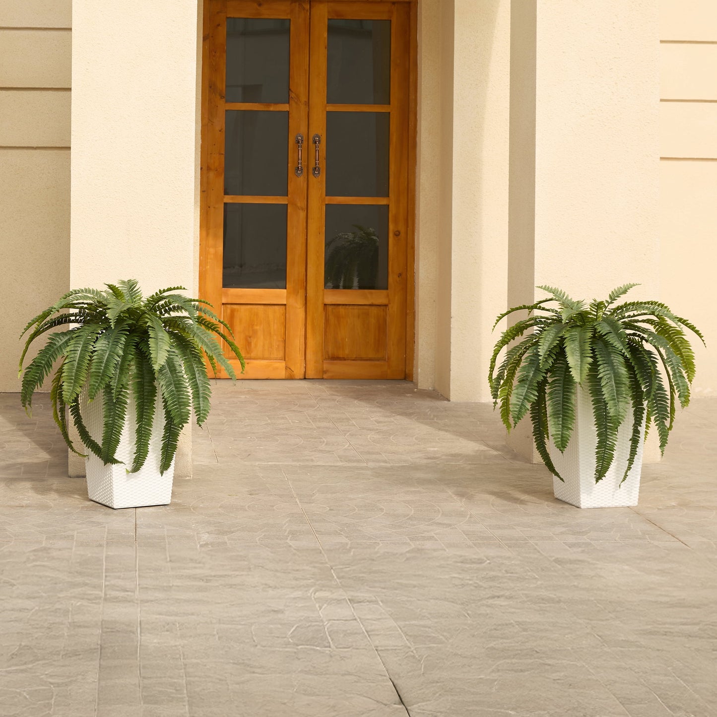 DR.Planzen Artificial Boston Fern Bush Plant with White Tapered Planter - UV Resistant Faux Ferns with 39 Leaves