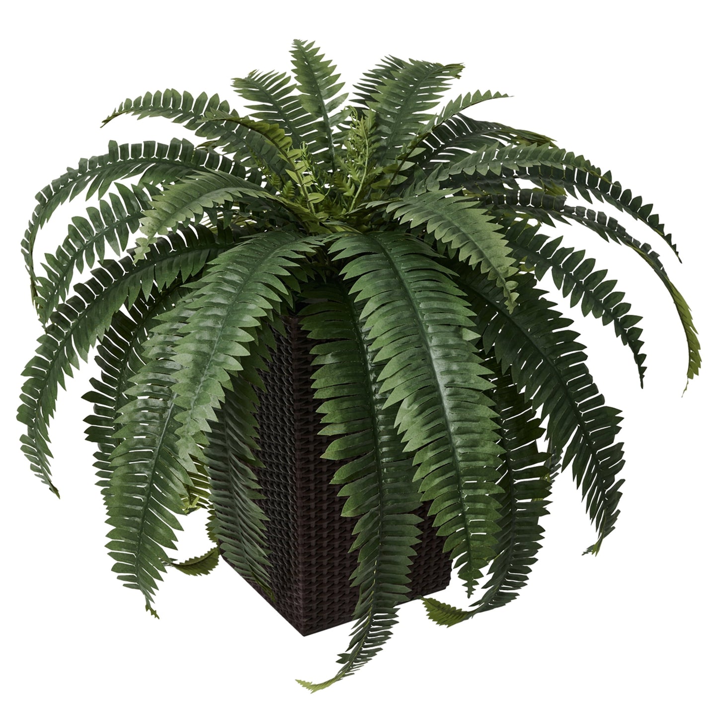 DR.Planzen Artificial Boston Fern Bush Plant with Brown Tapered Planter - UV Resistant Faux Ferns with 33 Leaves