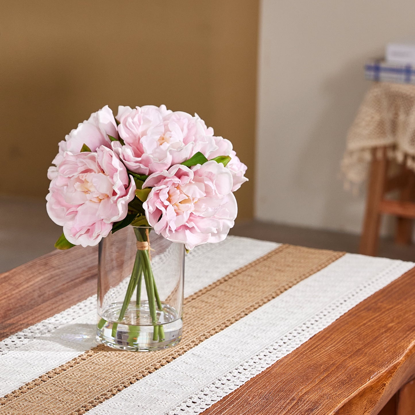 DR.Planzen Artificial Pink Peony Bouquet in Cylinder Vase with Faux Water, 6 Stems with 6 Realistic White Peony Blooms, 10.6" Tall Ready-to-Use Home Office Centerpiece Decor