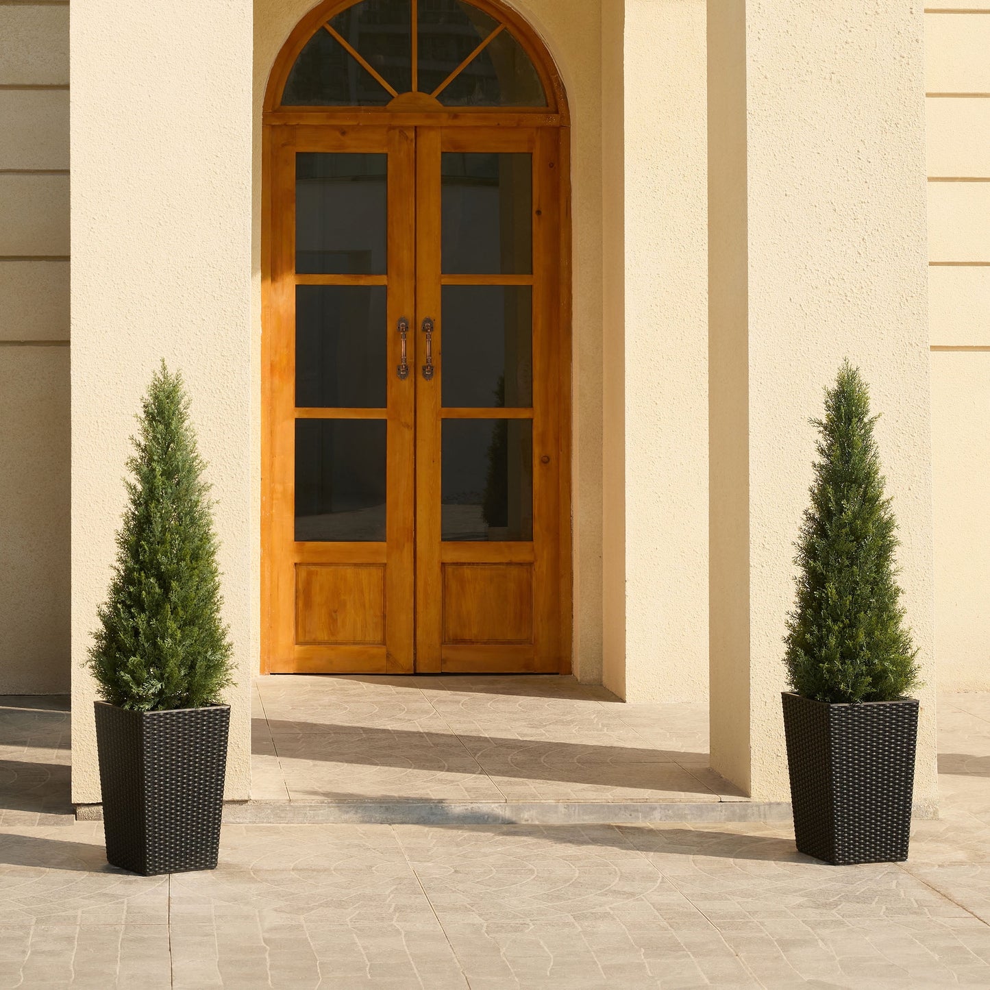 DR.Planzen 4ft Artificial Cedar Topiary Tree with Black Planter - UV Resistant Faux Cypress Tree for Porch Decor Fake Pine Tree for Perfect Housewarming Gift