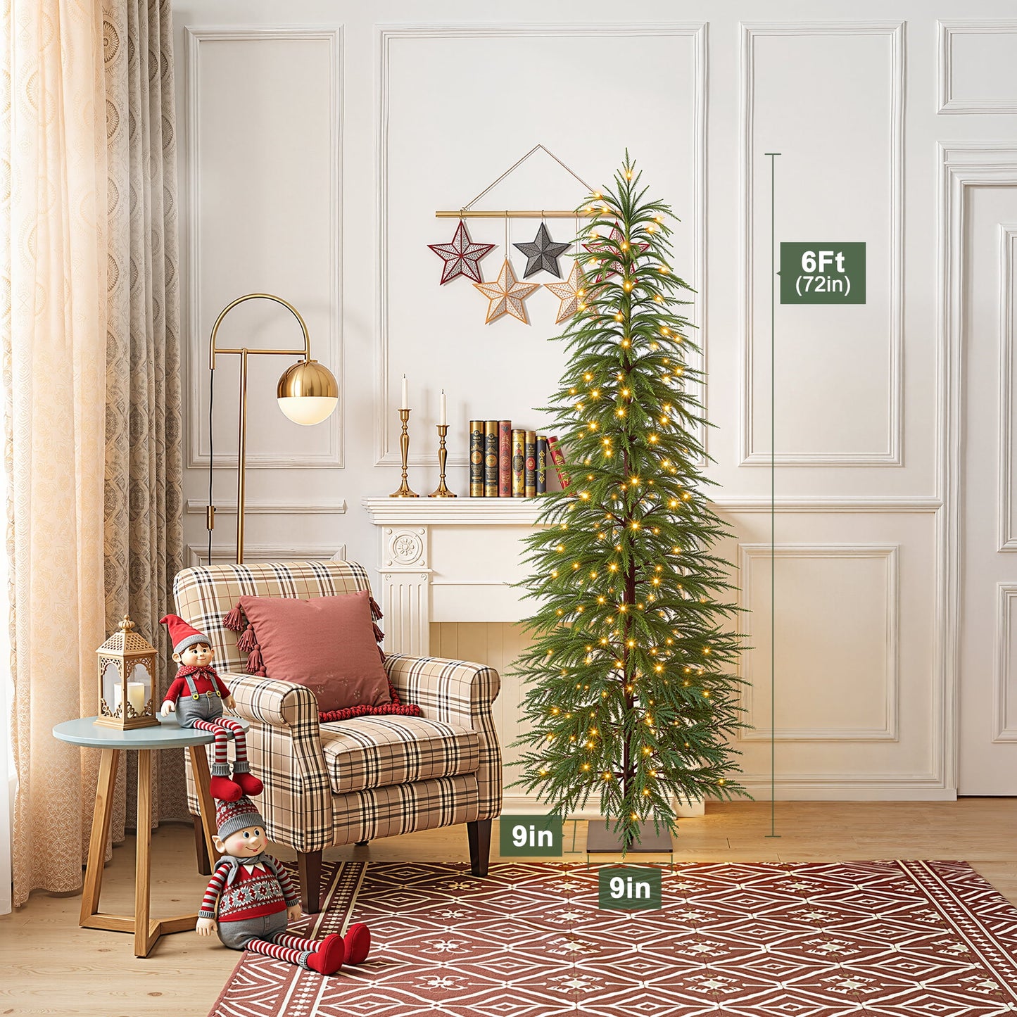 DR.Planzen 6' Pre-Lit Green Cypress Artificial Christmas Tree with 220 Warm White LED Lights, Full-Bodied Xmas Tree with Metal Stand, Indoor Holiday Centerpiece
