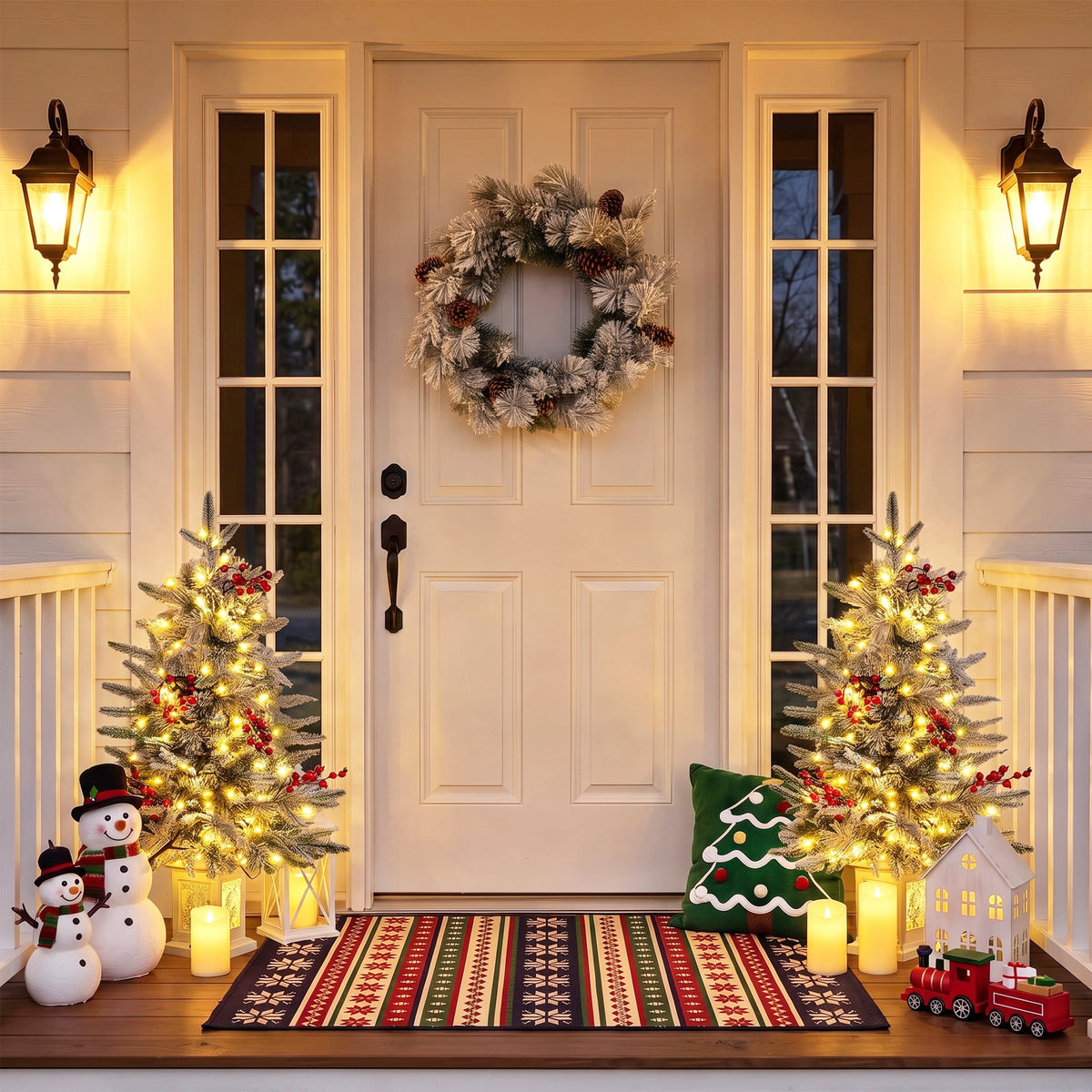 DR.Planzen 2-Pack 3FT Pre-Lit Artificial Christmas Trees, Warm White Lights, Red Berries and White Bases, Indoor Holiday Decorations