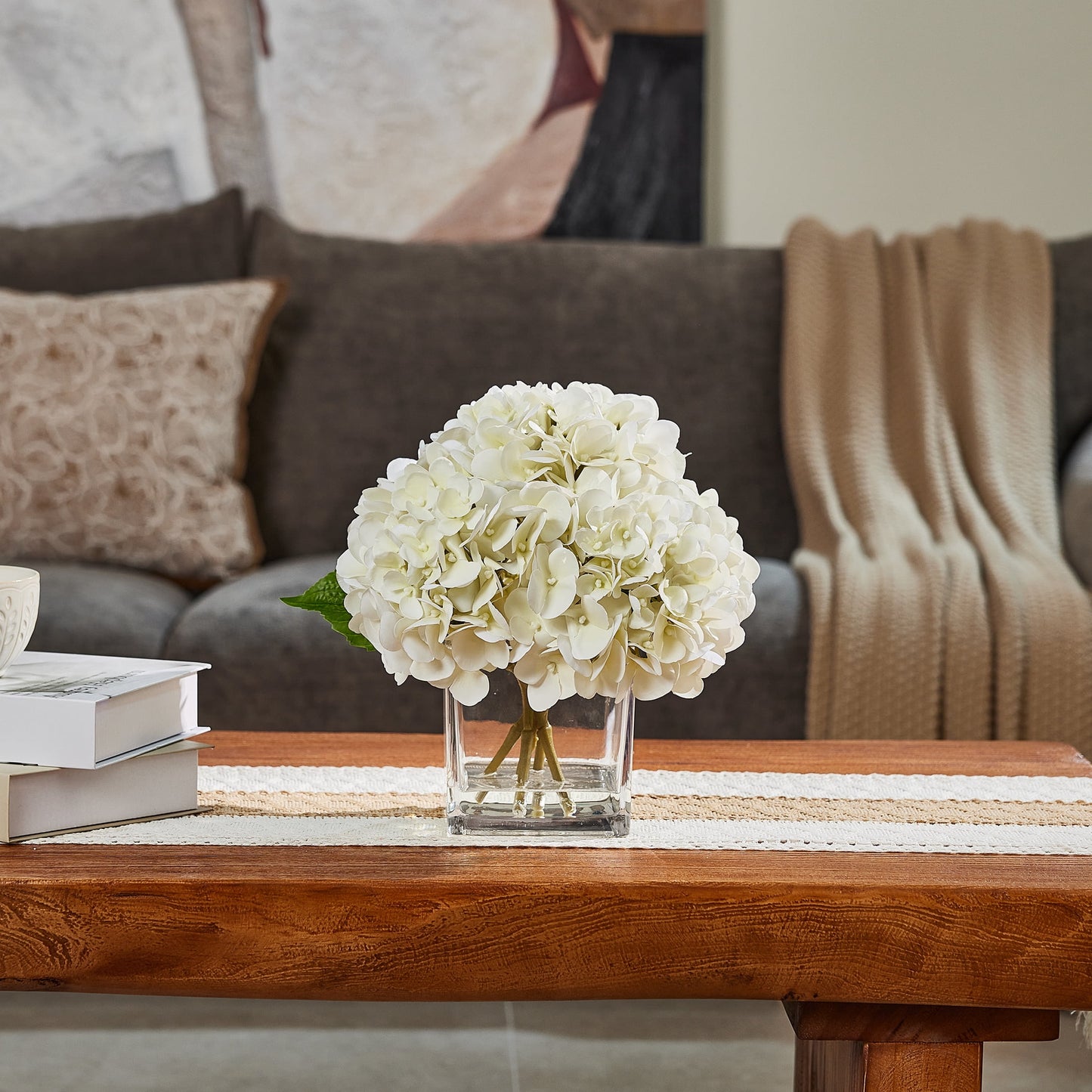 12in Artificial Hydrangea Flowers with Glass Vase, Hydrangea Artificial Flowers White Faux Hydrangea Arrangement - 90 Blooms Full Hydrangea Centerpiece for Home Table Wedding Decor Indoor