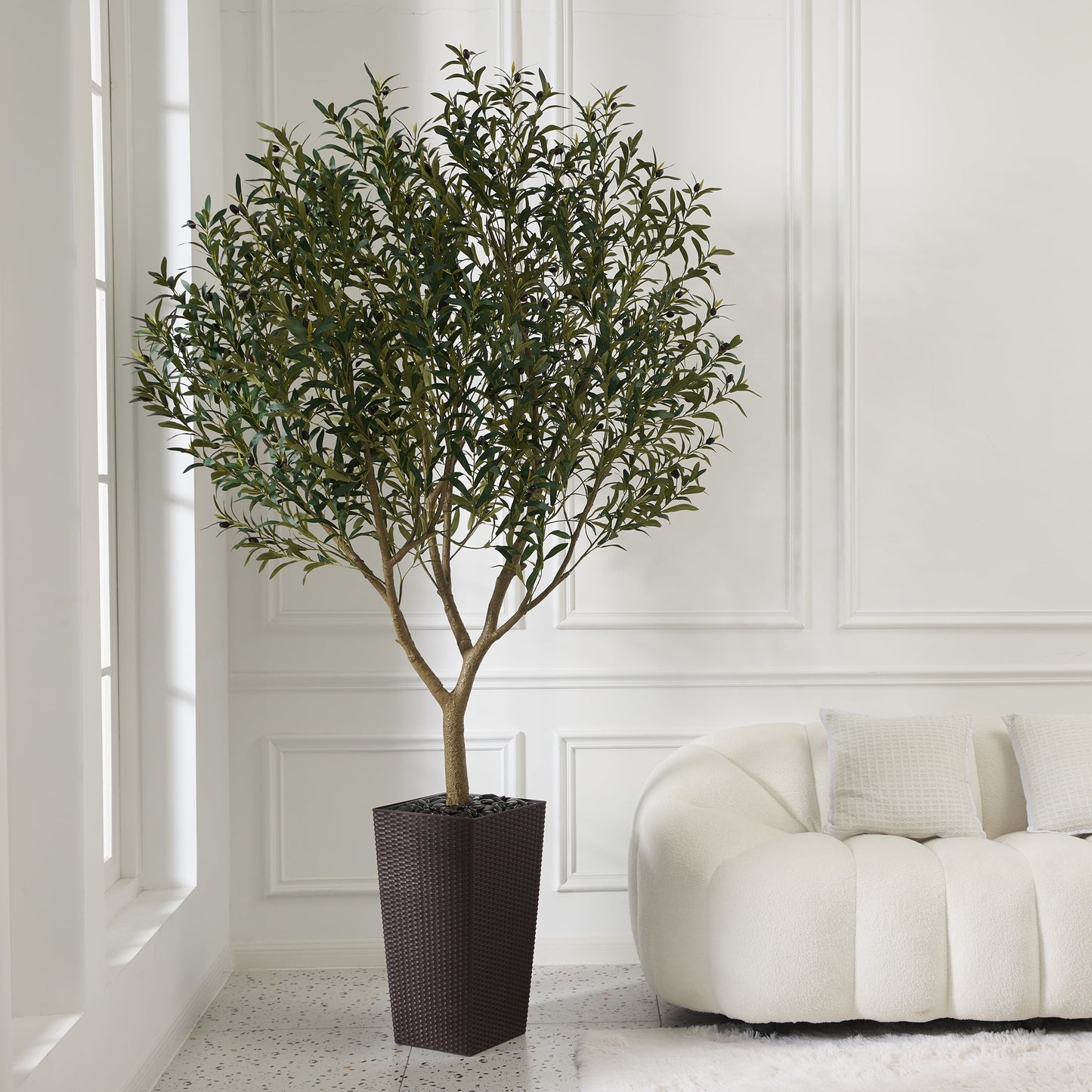 DR.Planzen UV Resistant 8ft Artificial Olive Tree in Brown Large Planter with Pebbles¨C Faux Olive Tree for Indoor and Outdoor Decor, Lifelike Greenery for Home & Garden Decor