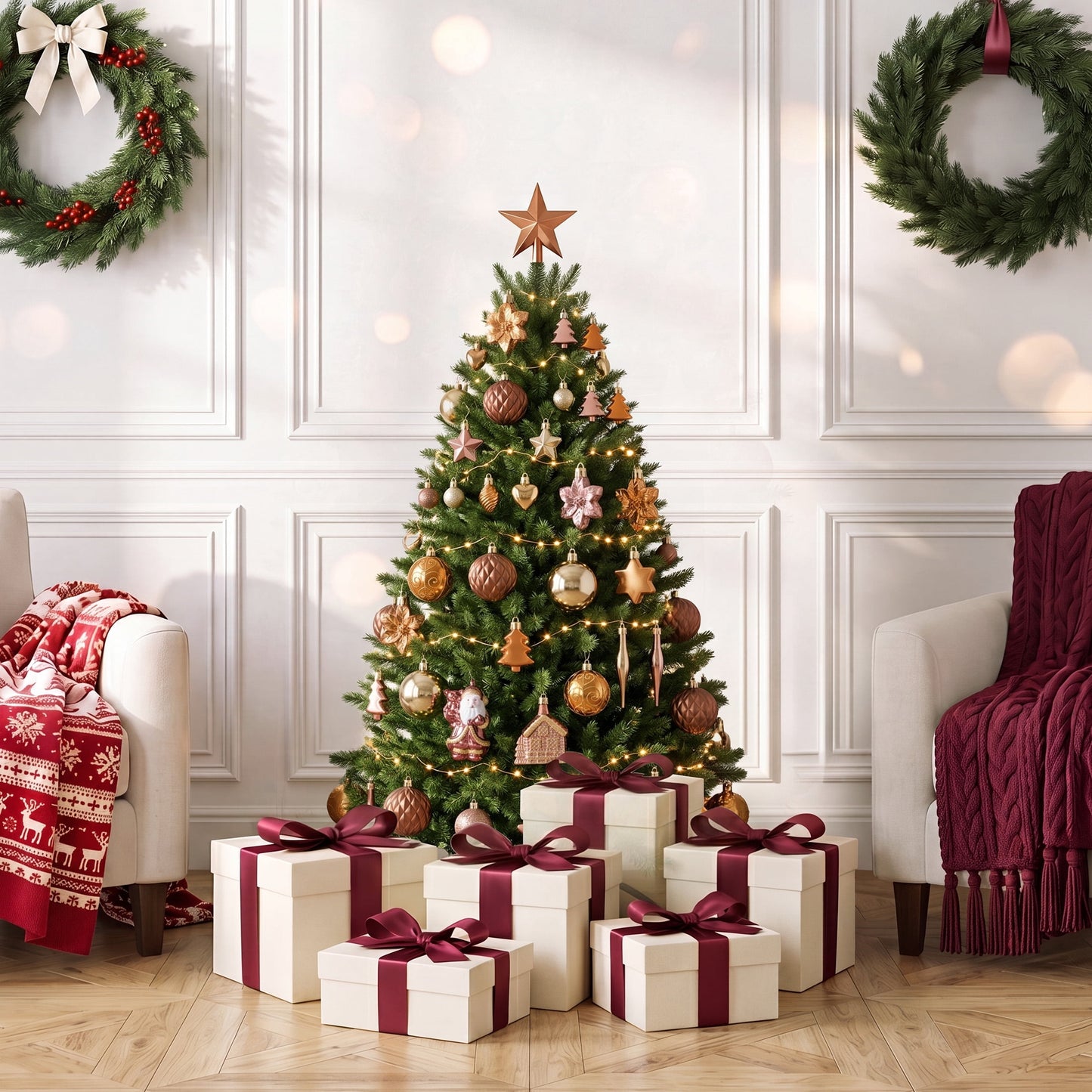 DR.Planzen 44ct Brown Gold & White Christmas Ornaments Set, Assorted 2.36" & 1.18" Embossed Glazed Holiday Balls with Trees & Hearts, Indoor Rustic Decor