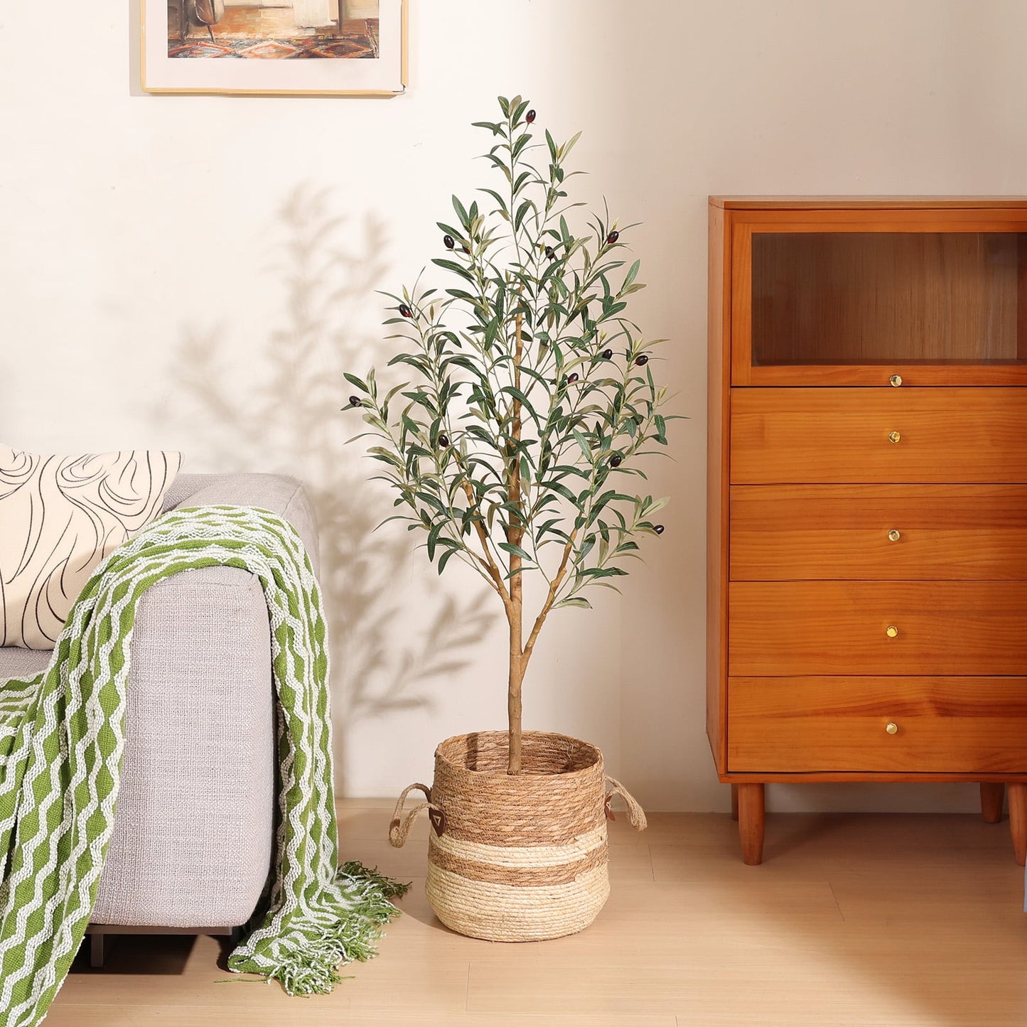DR.Planzen Exquisite Artificial Olive Tree 4 ft Indoor Outdoor, Tall Faux Olive Tree in Black Plastic Pot, Artificial Plants with Natural Wood Trunk and Lifelike Fruits for Home Office Garden Decor