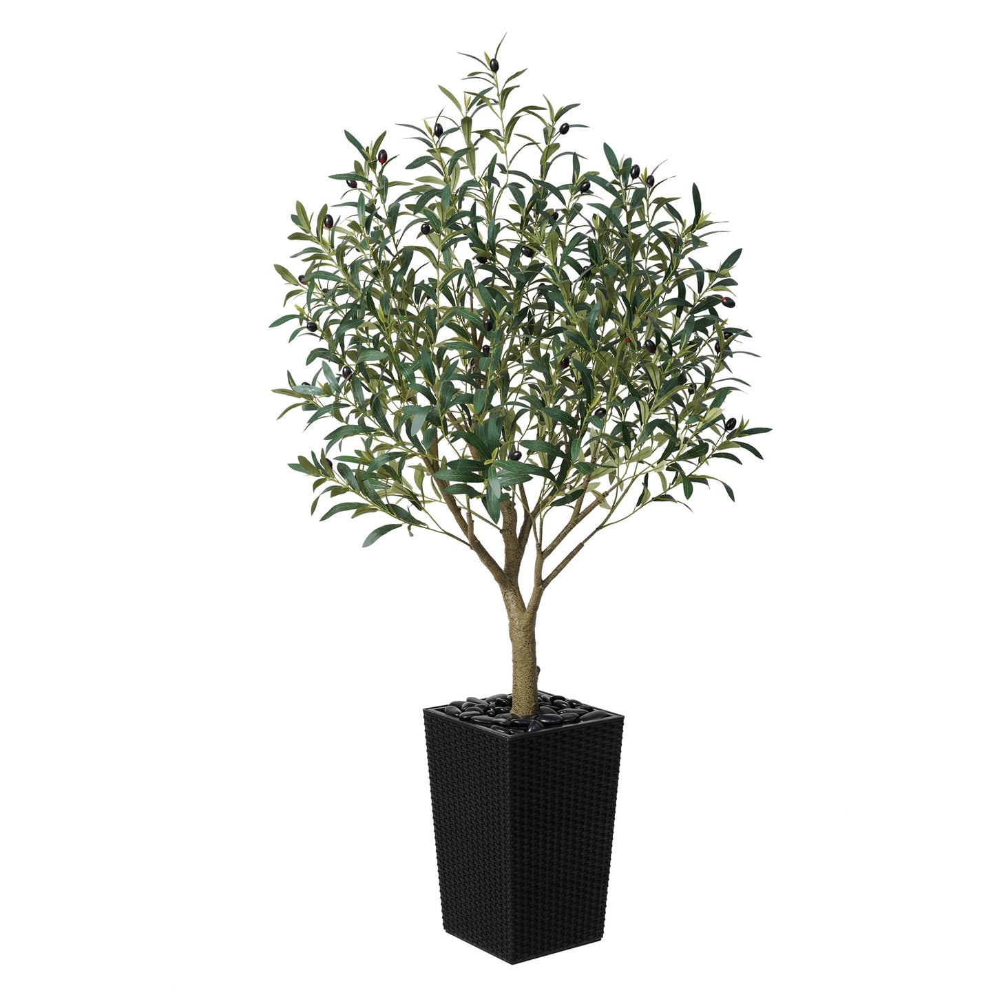 DR.Planzen UV Resistant 5ft Artificial Olive Tree in Black Large Planter with Pebbles¨C Faux Olive Tree for Indoor and Outdoor Decor, Lifelike Greenery for Home & Garden Decor