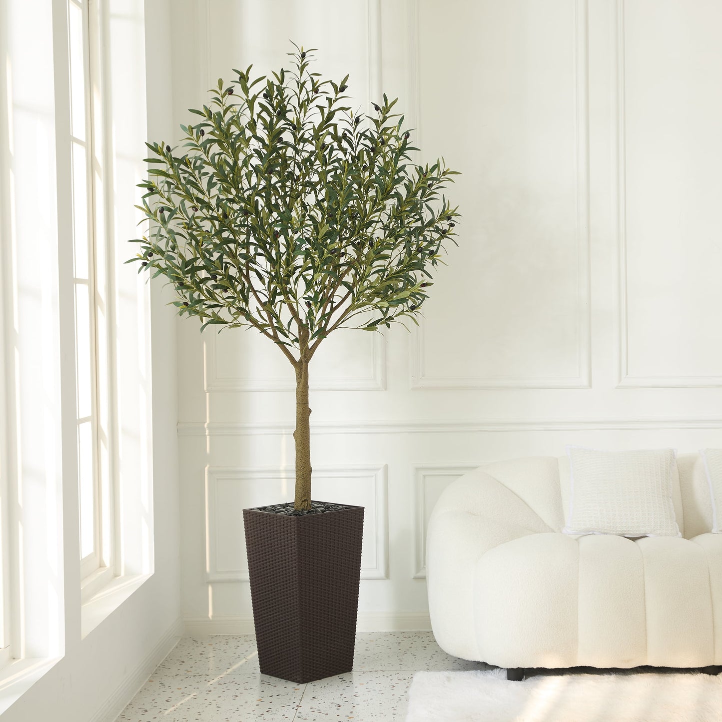 DR.Planzen UV Resistant 7ft Artificial Olive Tree in Brown Large Planter with Pebbles¨C Faux Olive Tree for Indoor and Outdoor Decor, Lifelike Greenery for Home & Garden Decor