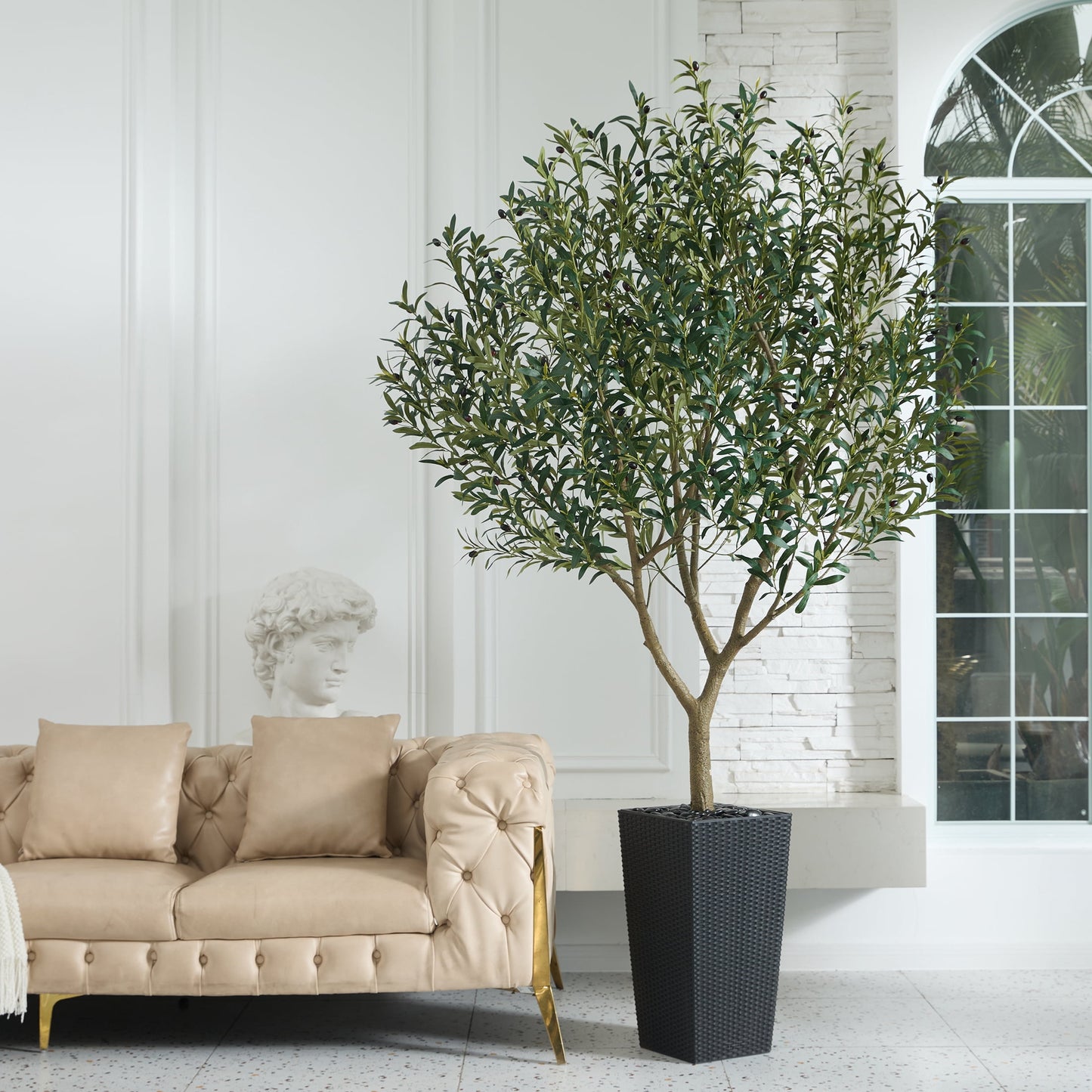 DR.Planzen UV Resistant 8ft Artificial Olive Tree in Black Large Planter with Pebbles¨C Faux Olive Tree for Indoor and Outdoor Decor, Lifelike Greenery for Home & Garden Decor