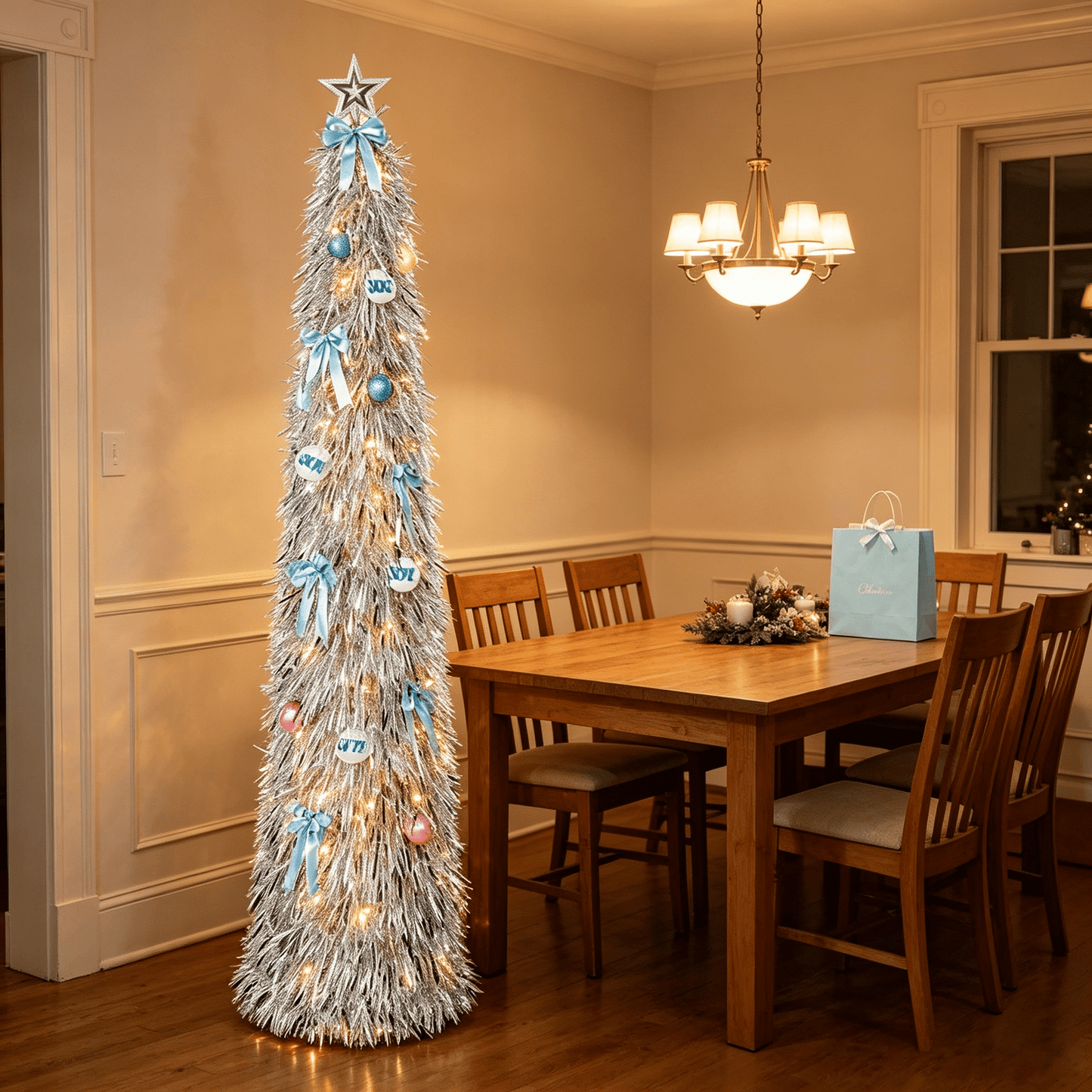 DR.Planzen 6ft Pop Up Christmas Tinsel Tree, Pre Lit Slim Christmas Tree, Silver LED Pencil Tree with 100 Warm White Lights, Star Topper & Ornaments Set, Collapsible Holiday Decor