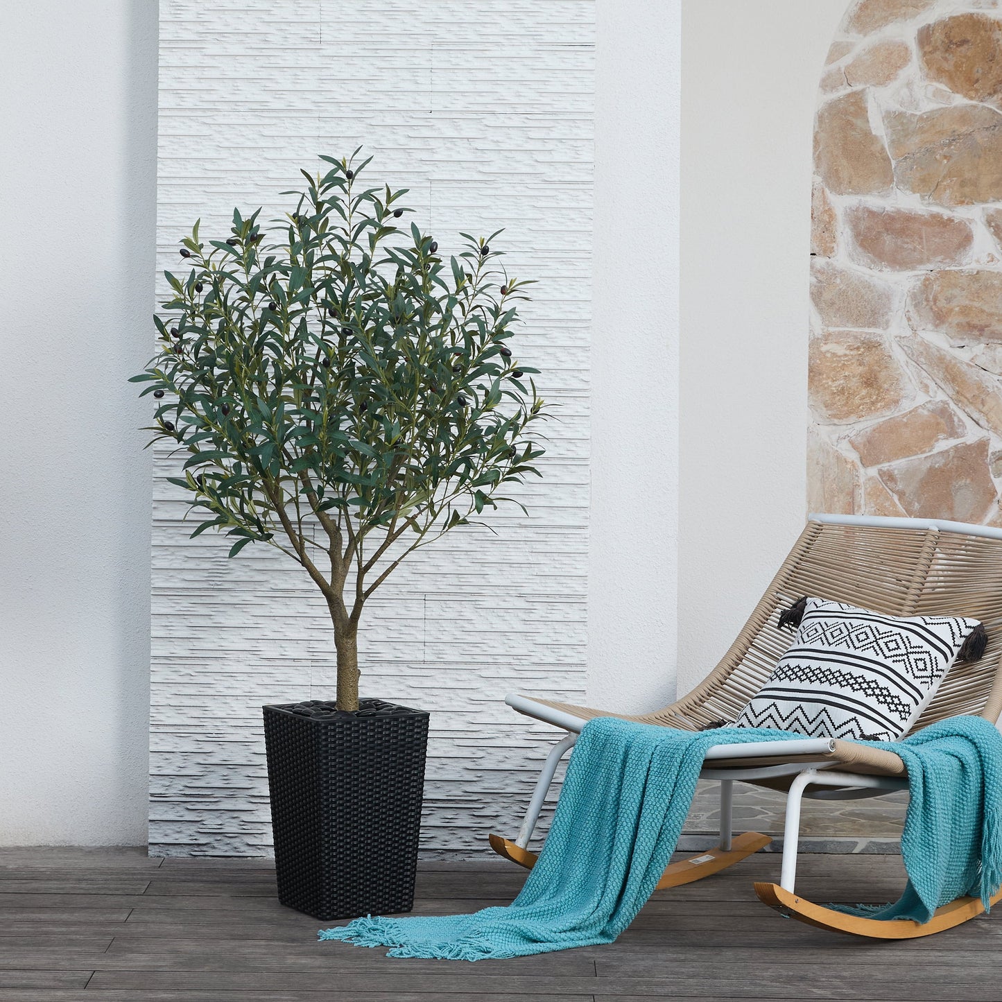 DR.Planzen UV Resistant 5ft Artificial Olive Tree in Black Large Planter with Pebbles¨C Faux Olive Tree for Indoor and Outdoor Decor, Lifelike Greenery for Home & Garden Decor