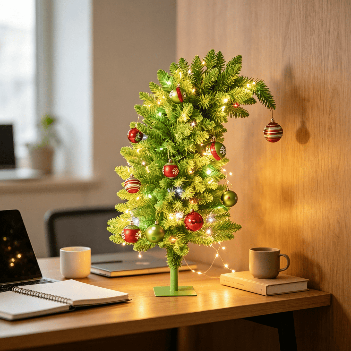 DR.Planzen 3ft Pencil Artificial Christmas Tree with Red & Green Ornaments, Pre-Decorated Slim Xmas Tree, Indoor Tabletop Holiday Decor, 1 Pack