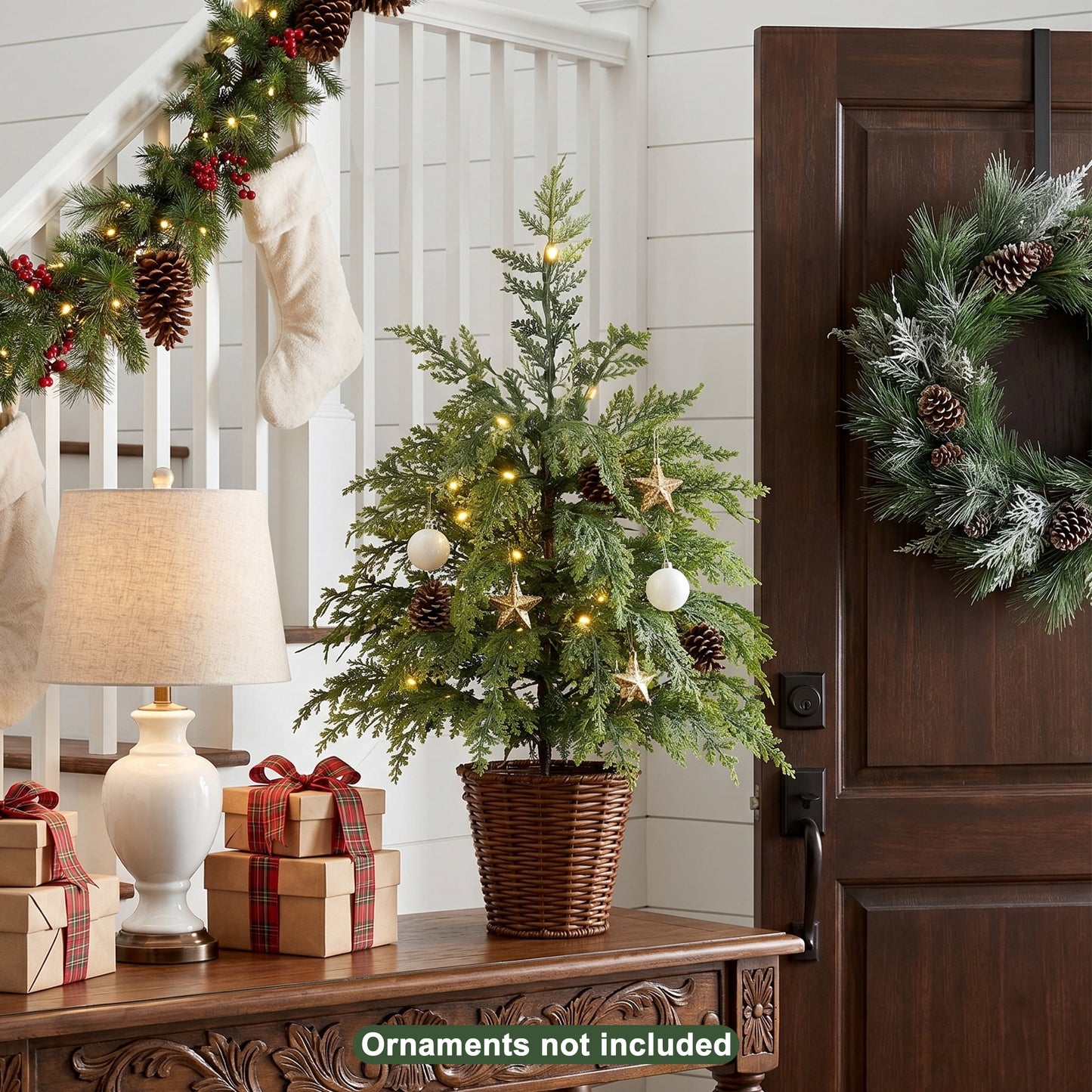 DR.Planzen 24" Pre-Lit Green Cypress Artificial Christmas Tree with 30 Warm White LED Lights, Mini Tabletop Xmas Tree in Woven Basket Base, Indoor Holiday Decoration