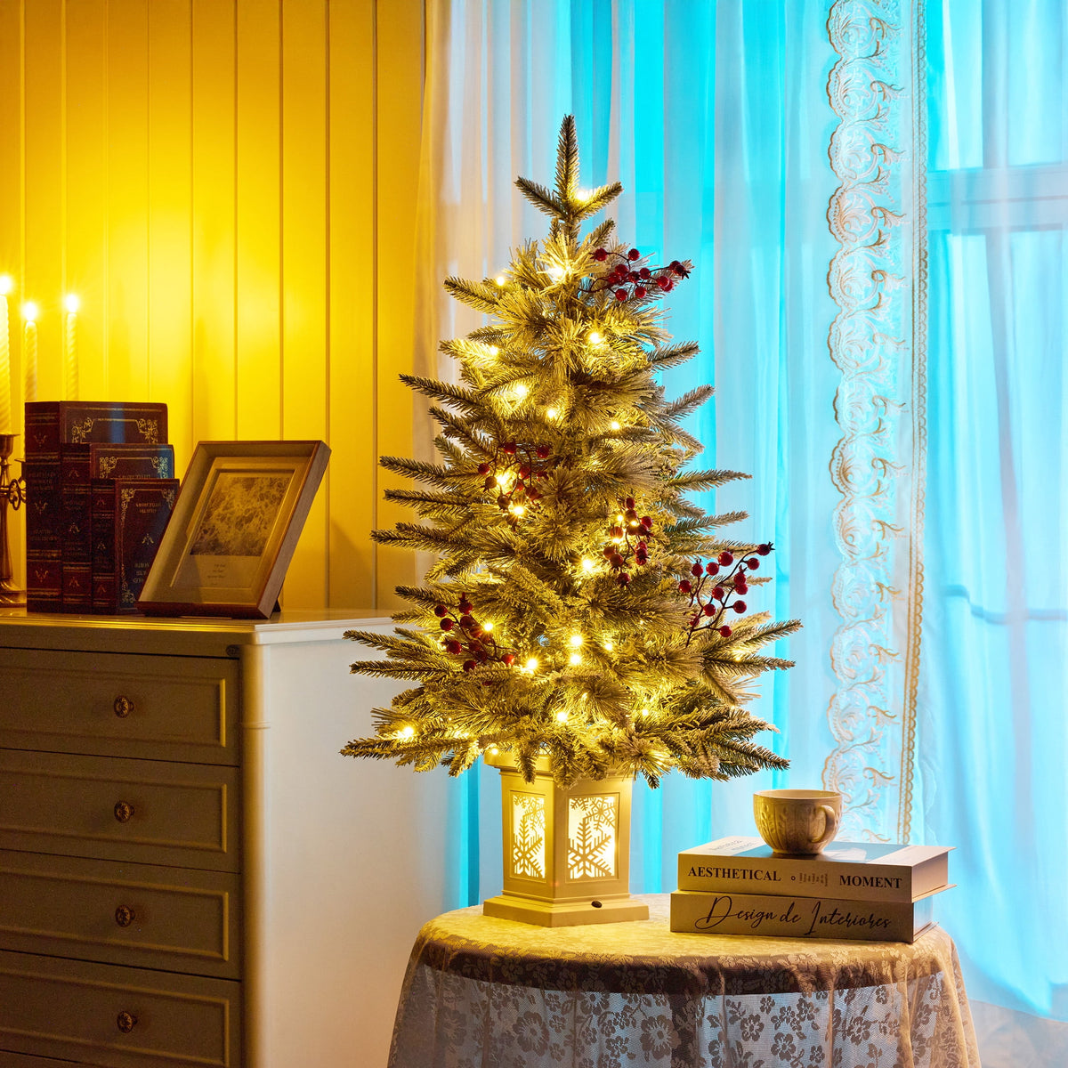 DR.Planzen 3FT Pre-Lit Artificial Christmas Tree with Warm White Lights, Red Berries and White Base, Indoor Holiday Decoration