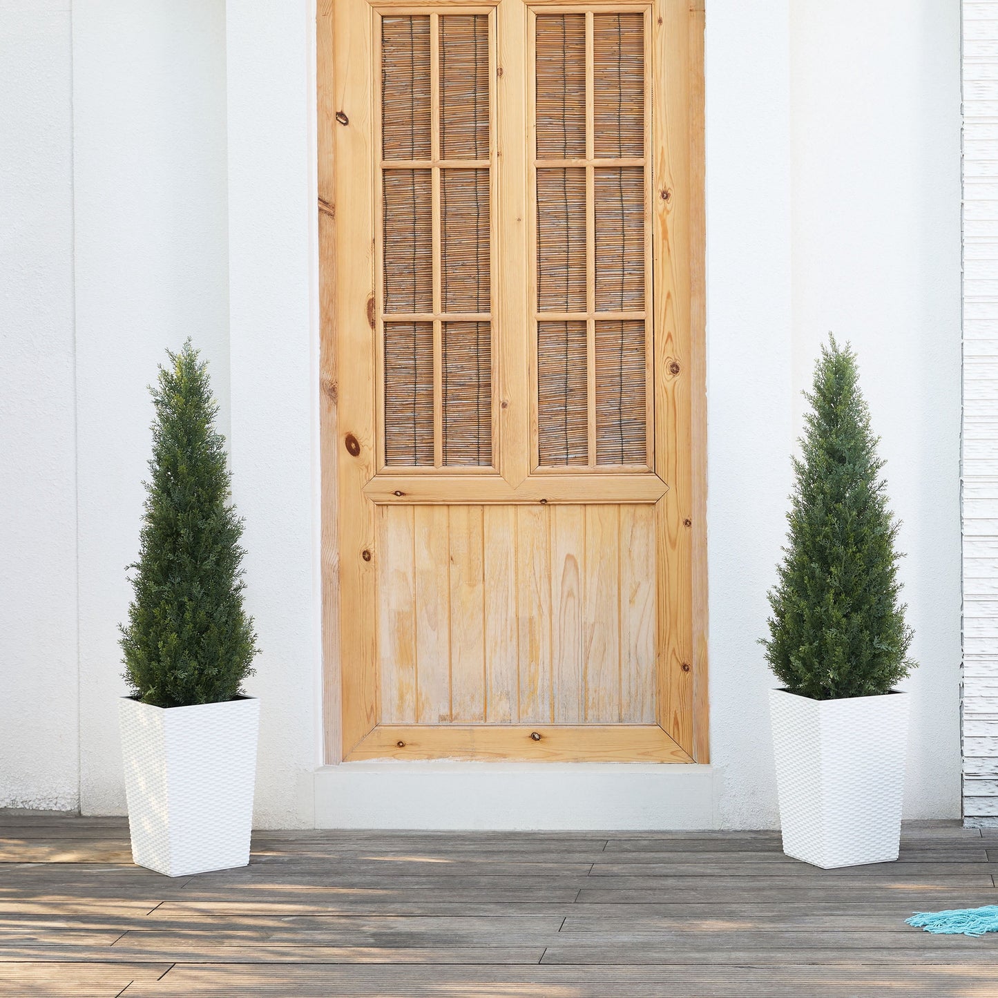 DR.Planzen 4ft Artificial Cedar Topiary Tree with White Planter - UV Resistant Faux Cypress Tree for Porch Decor Fake Pine Tree for Perfect Housewarming Gift