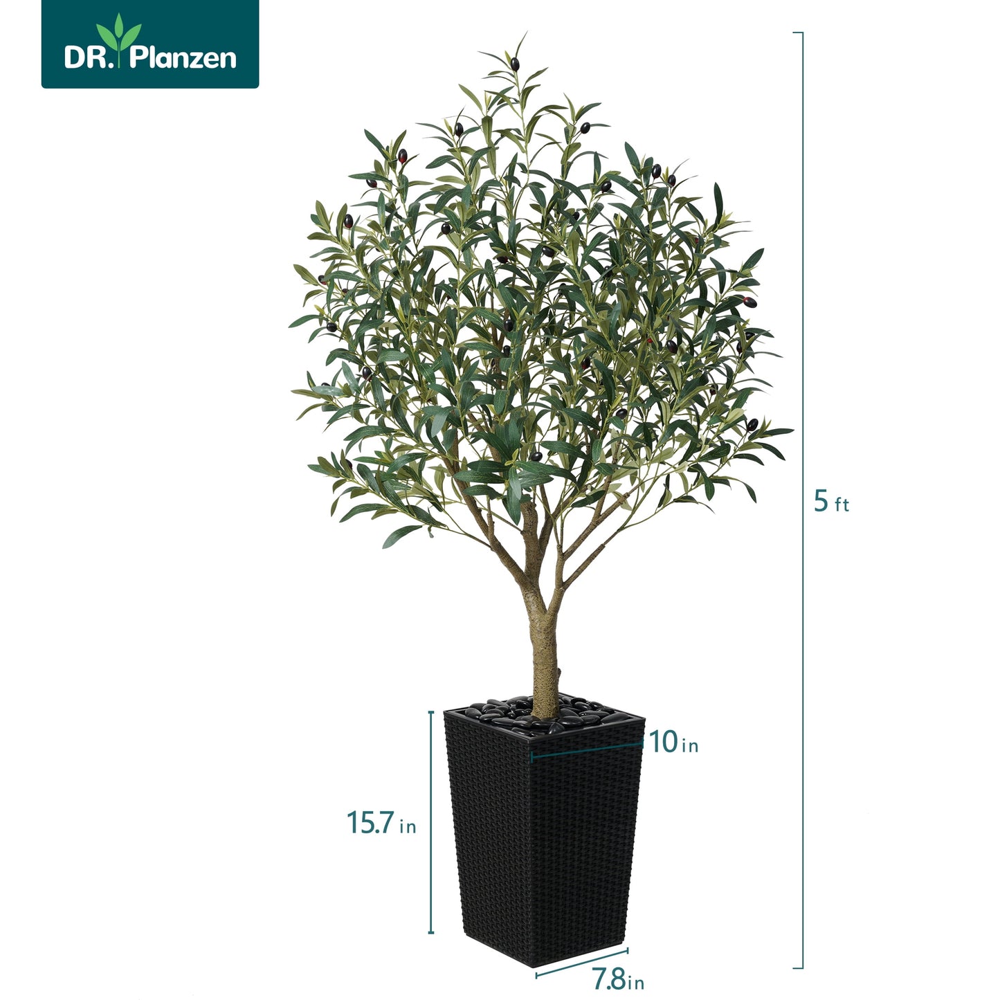 DR.Planzen UV Resistant 5ft Artificial Olive Tree in Black Large Planter with Pebbles¨C Faux Olive Tree for Indoor and Outdoor Decor, Lifelike Greenery for Home & Garden Decor