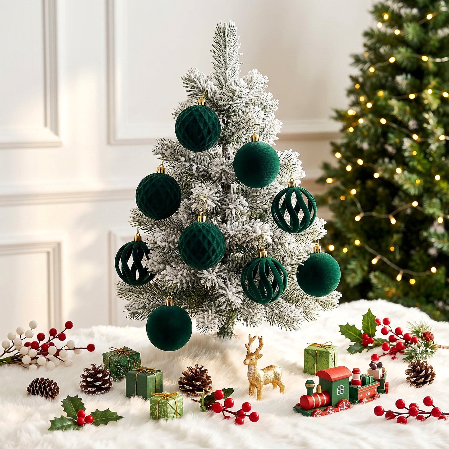 DR.Planzen 16ct 3.15" Dark Green Flocked Christmas Ornaments, Soft Velvet Foam Balls for Holiday Tree Decor, Shatterproof Indoor Xmas Decorations