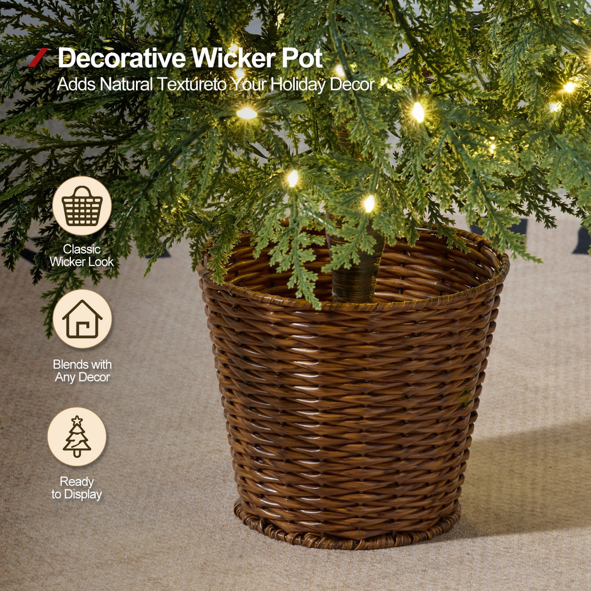 DR.Planzen 24/36/48 Inch Pre-Lit Cypress Topiary Set, 3 Pack Artificial Xmas Trees with Woven Baskets & Breathing LEDs, Indoor Home Decor