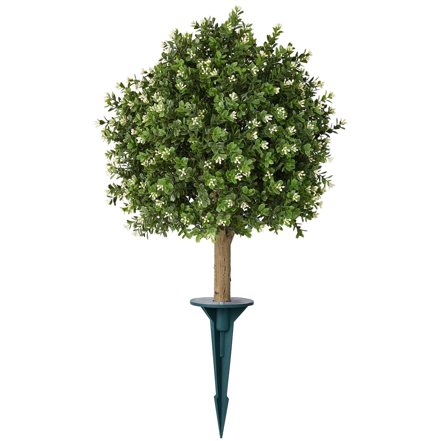 DR.Planzen 2 Pack 16'' Artificial Boxwood Topiary Ball Plant with White Flowers, Fake Flowering Shrub with Ground Spike, UV Resistant Faux Outdoor Greenery for Garden Porch Decor