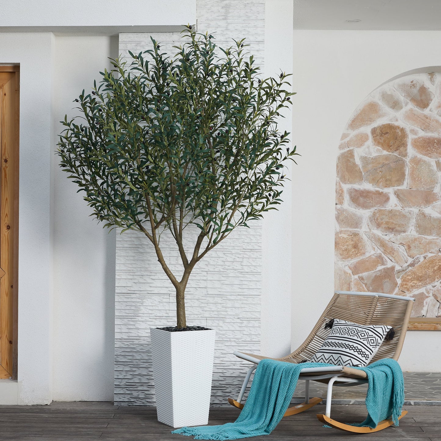 DR.Planzen UV Resistant 8ft Artificial Olive Tree in White Large Planter with Pebbles¨C Faux Olive Tree for Indoor and Outdoor Decor, Lifelike Greenery for Home & Garden Decor