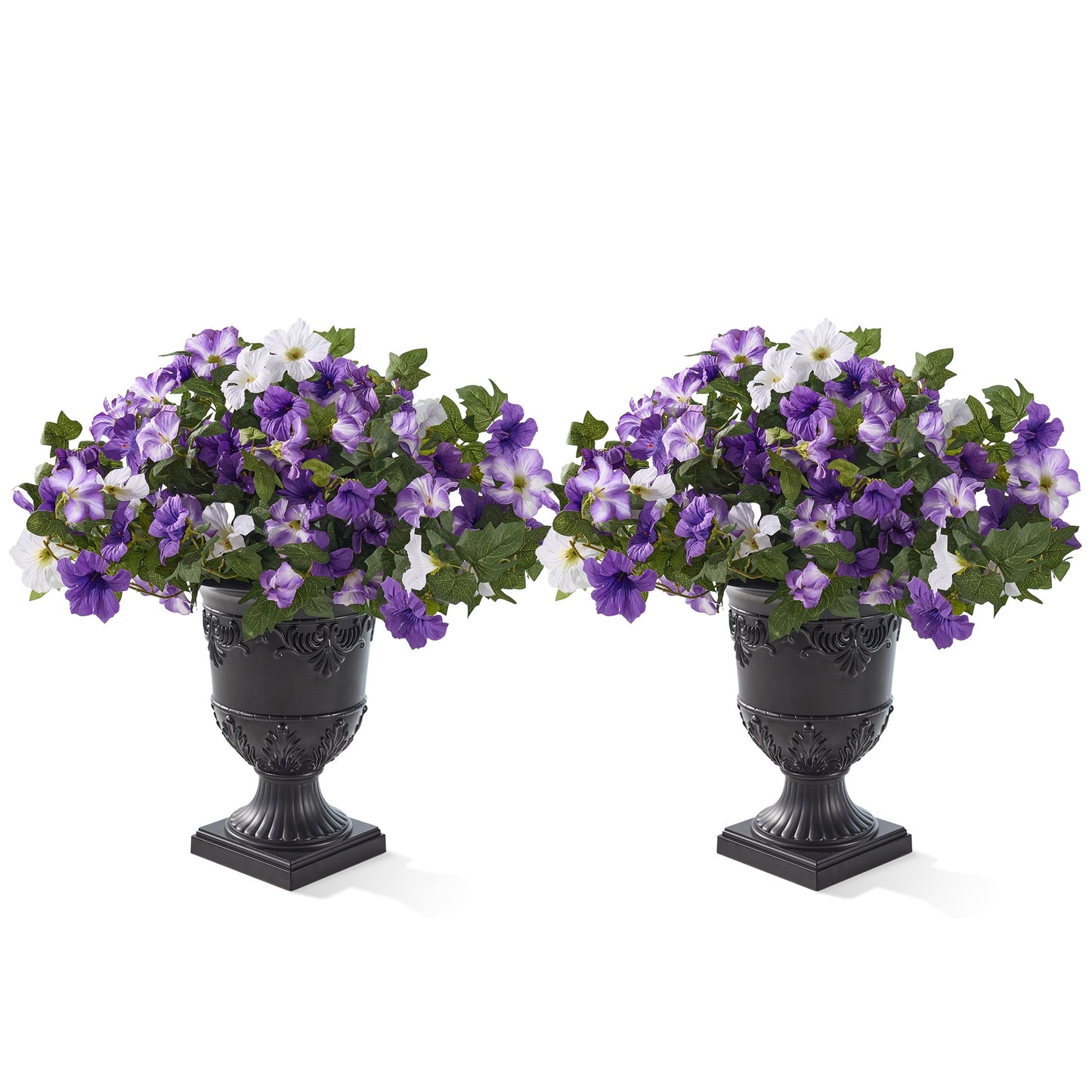 2 Pack 28in Artificial Morning Glory Flowers Faux Flowers Potted Plants Porch Decor - 81 Purple White Blooms in Black Urn Planter - Indoor Covered Porch Decor for Entryway Patio Home Office