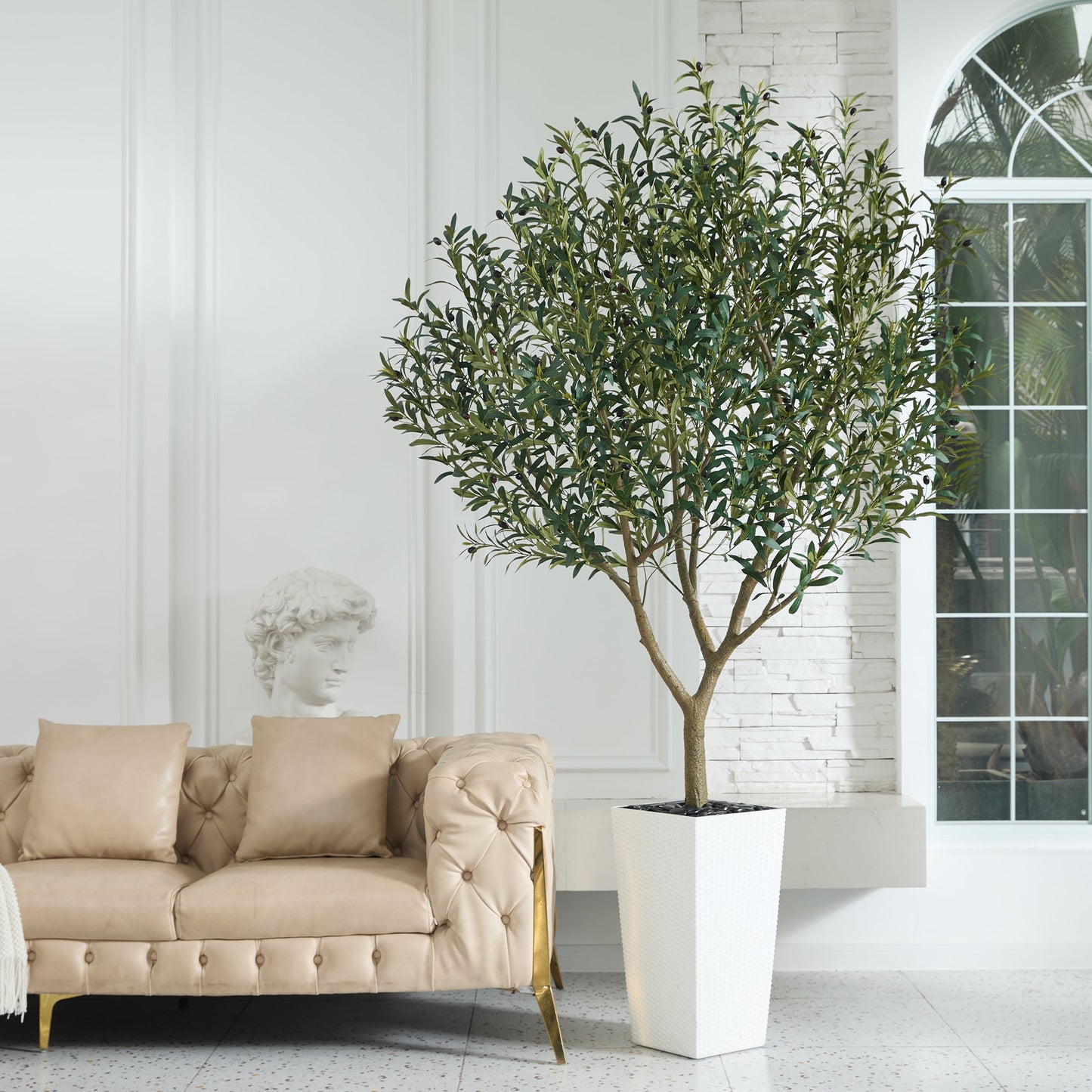 DR.Planzen UV Resistant 8ft Artificial Olive Tree in White Large Planter with Pebbles¨C Faux Olive Tree for Indoor and Outdoor Decor, Lifelike Greenery for Home & Garden Decor