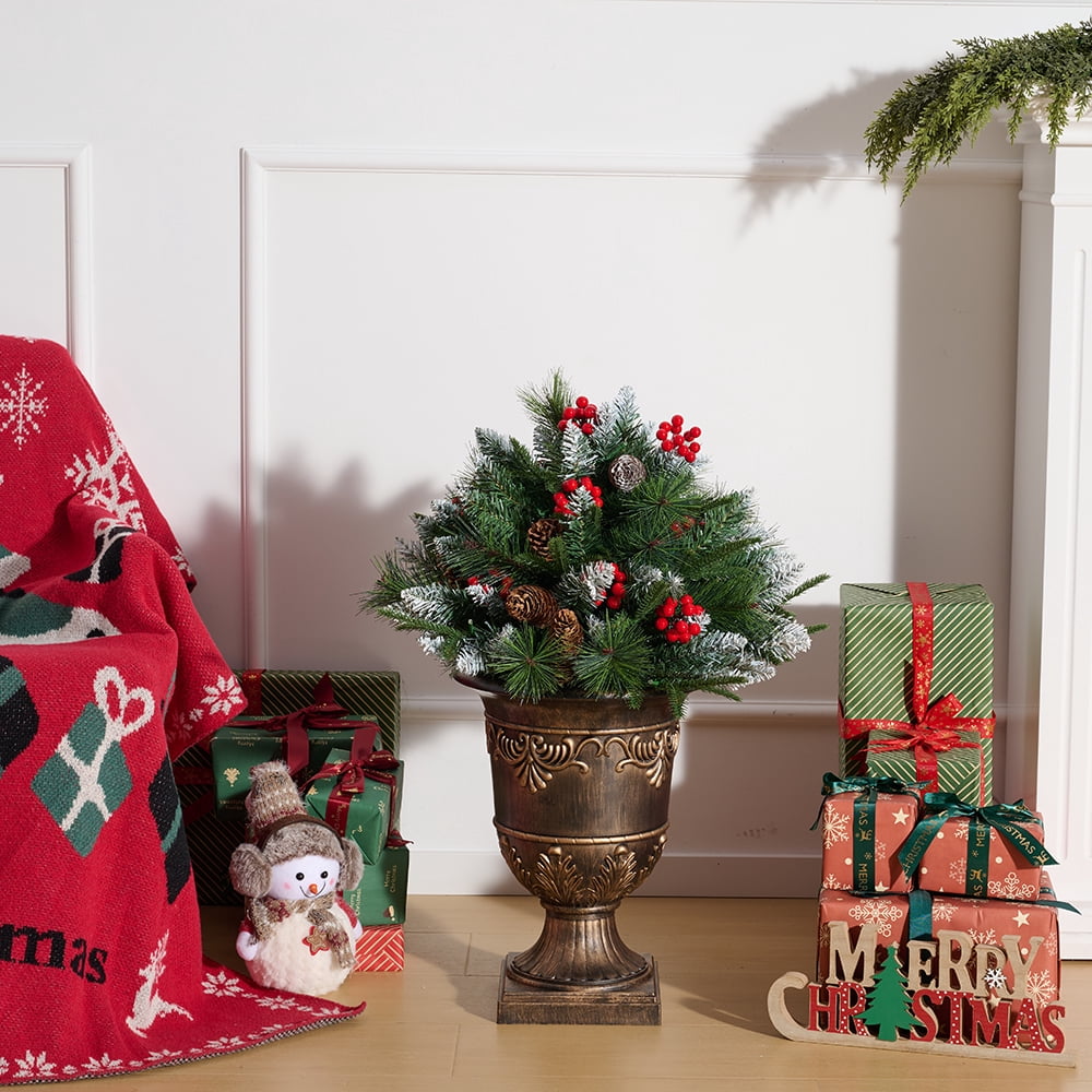 DR.Planzen 28in Pre-Lit Mini Artificial Christmas Tree with Urn Base, 8 Lighting Modes LED, Flocked Branches with Pinecones Red Berries for Front Porch Entrance Home Holiday Decorations