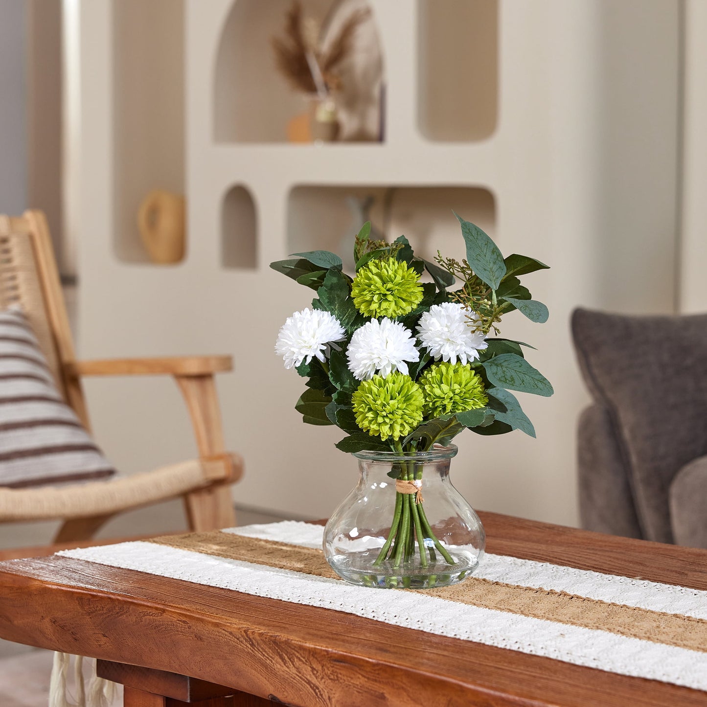 DR.Planzen Artificial Chrysanthemum & Eucalyptus Arrangement, White & Green Fake Flowers in Apothecary Glass Vase with Faux Water, 12.9" Home Office Decor