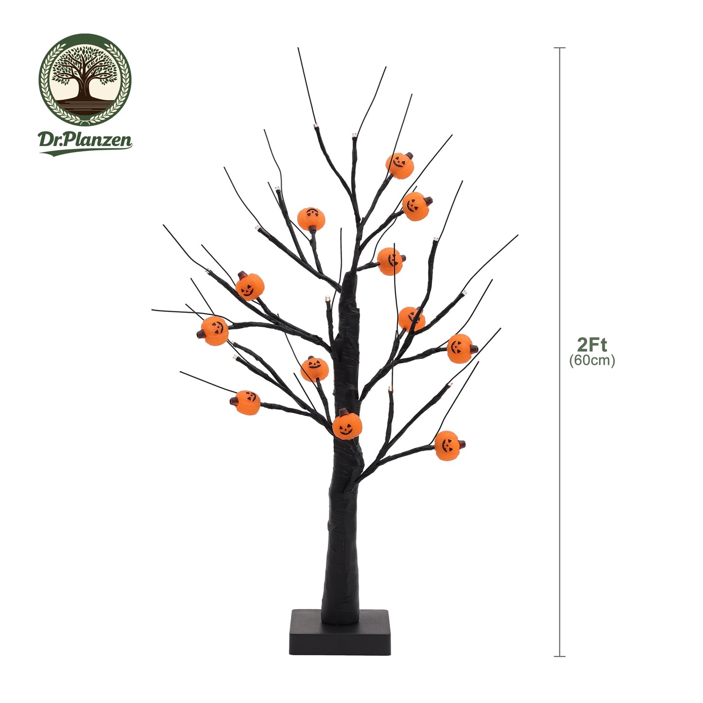 2FT Light-Up Tree with 12 Glowing Pumpkin Ornaments - Black Tabletop Decor, Battery/USB Powered LED Display for Indoor Festive Parties