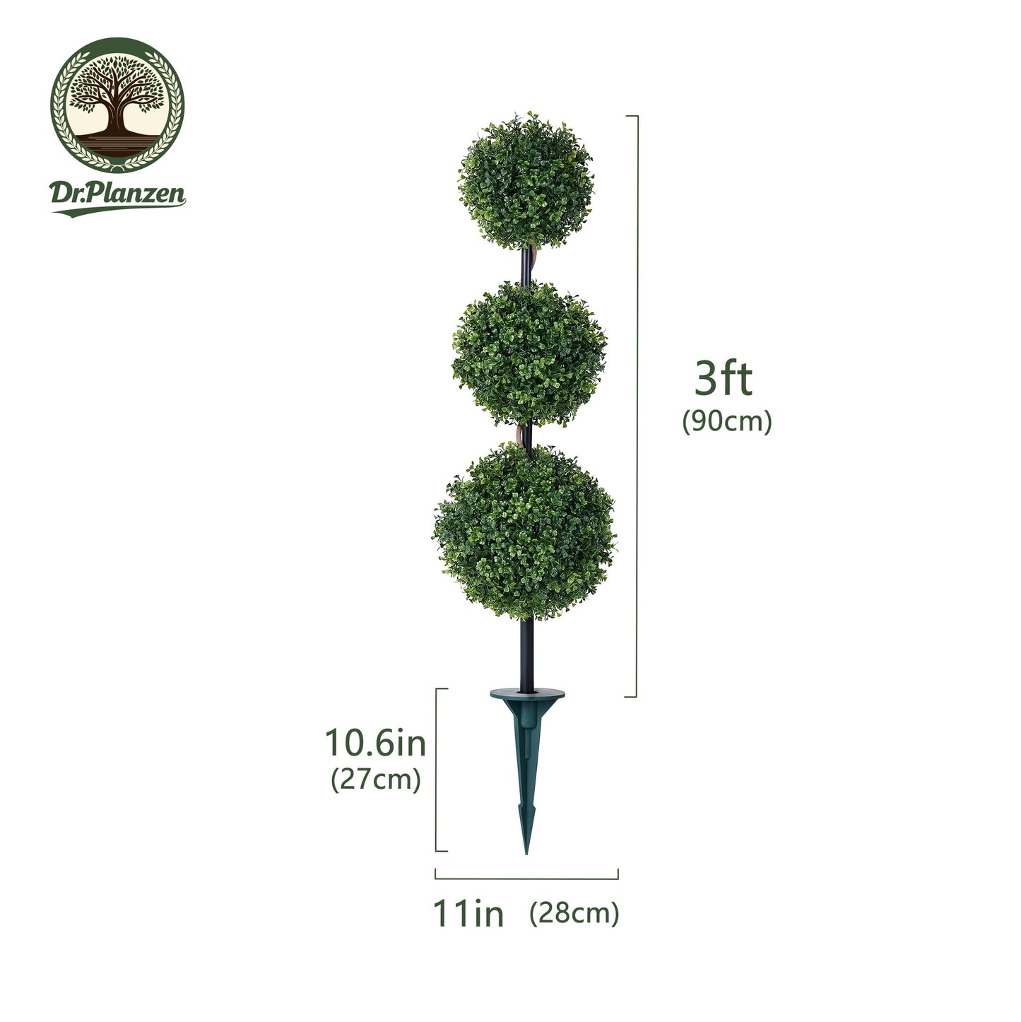 DR.Planzen 2 Pack 3 ft Artificial Boxwood Triple Ball Tree, Faux Topiary Plants, UV Resistant Outdoor Tree - 36in Porch Entryway Front Door Lawn Stake with Realistic PE Leaves & Metal Pole