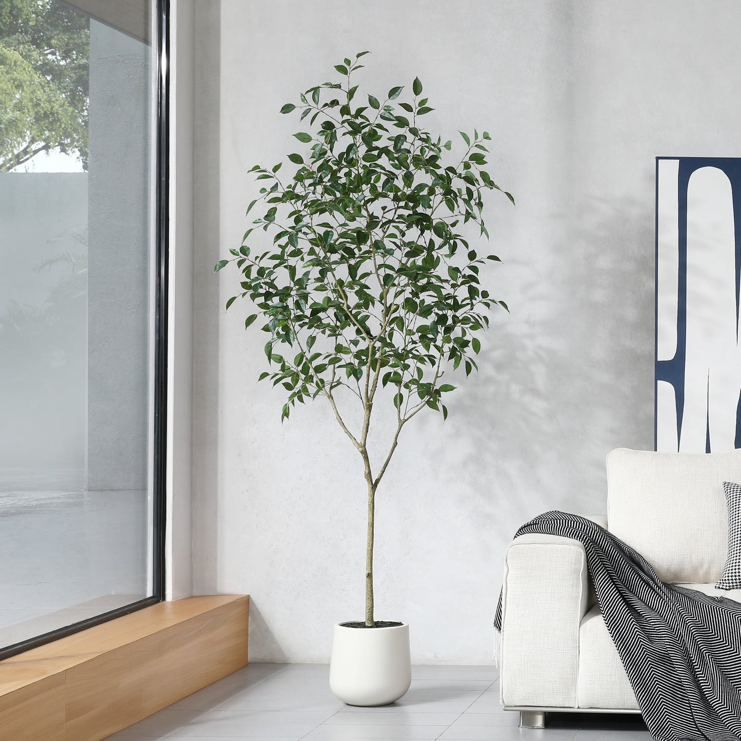 DR.Planzen 7ft Fake Ficus Tree with Oval White Planter, Pre Potted Faux Greenry Plant for Home Decor Office House Living Room Indoor Outdoor, Big Fake Plants Fake House Plants