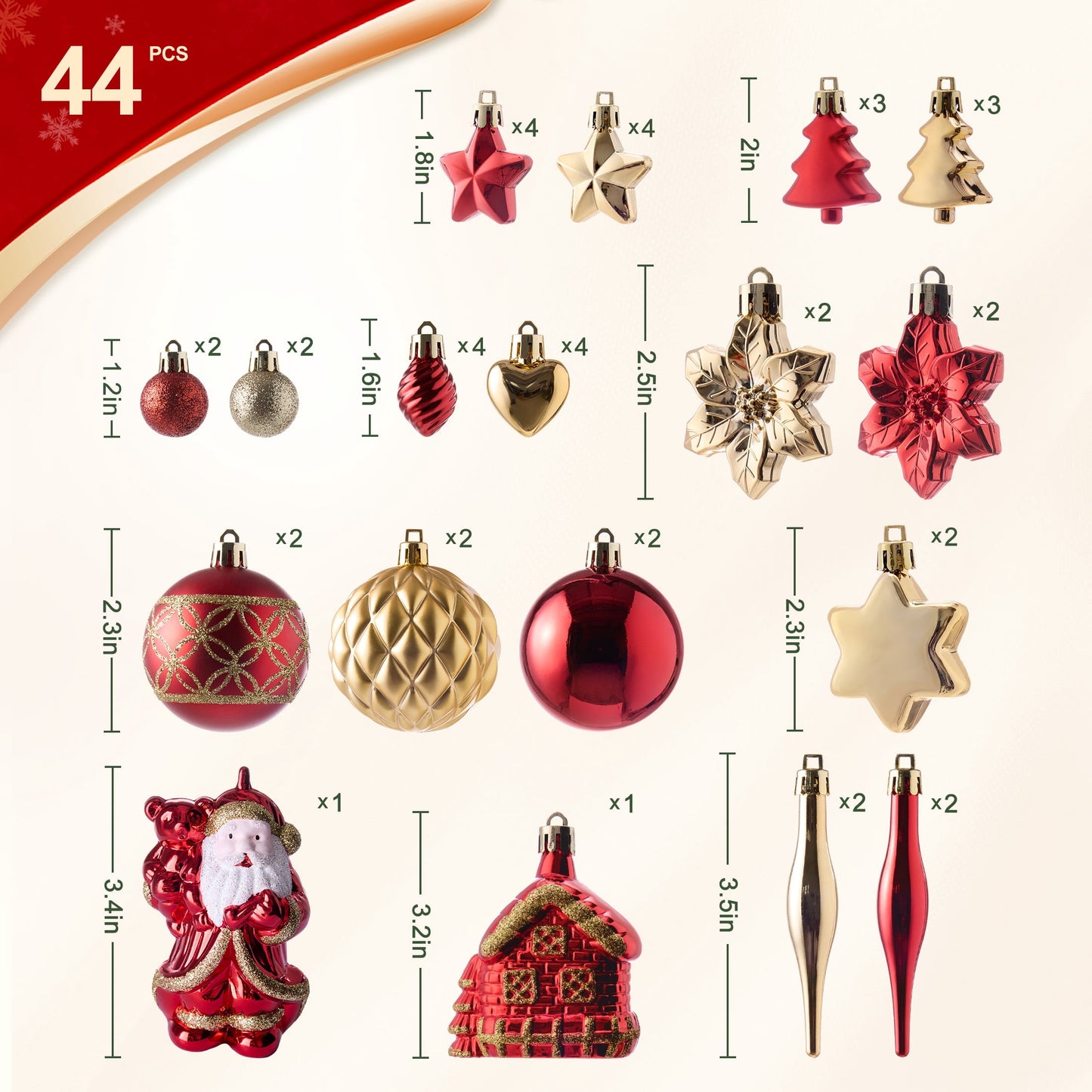 DR.Planzen 44ct Red Gold & White Christmas Ornaments Set, Assorted 2.36" & 1.18" Embossed Glazed Holiday Balls with Santa & Houses, Indoor Xmas Decor