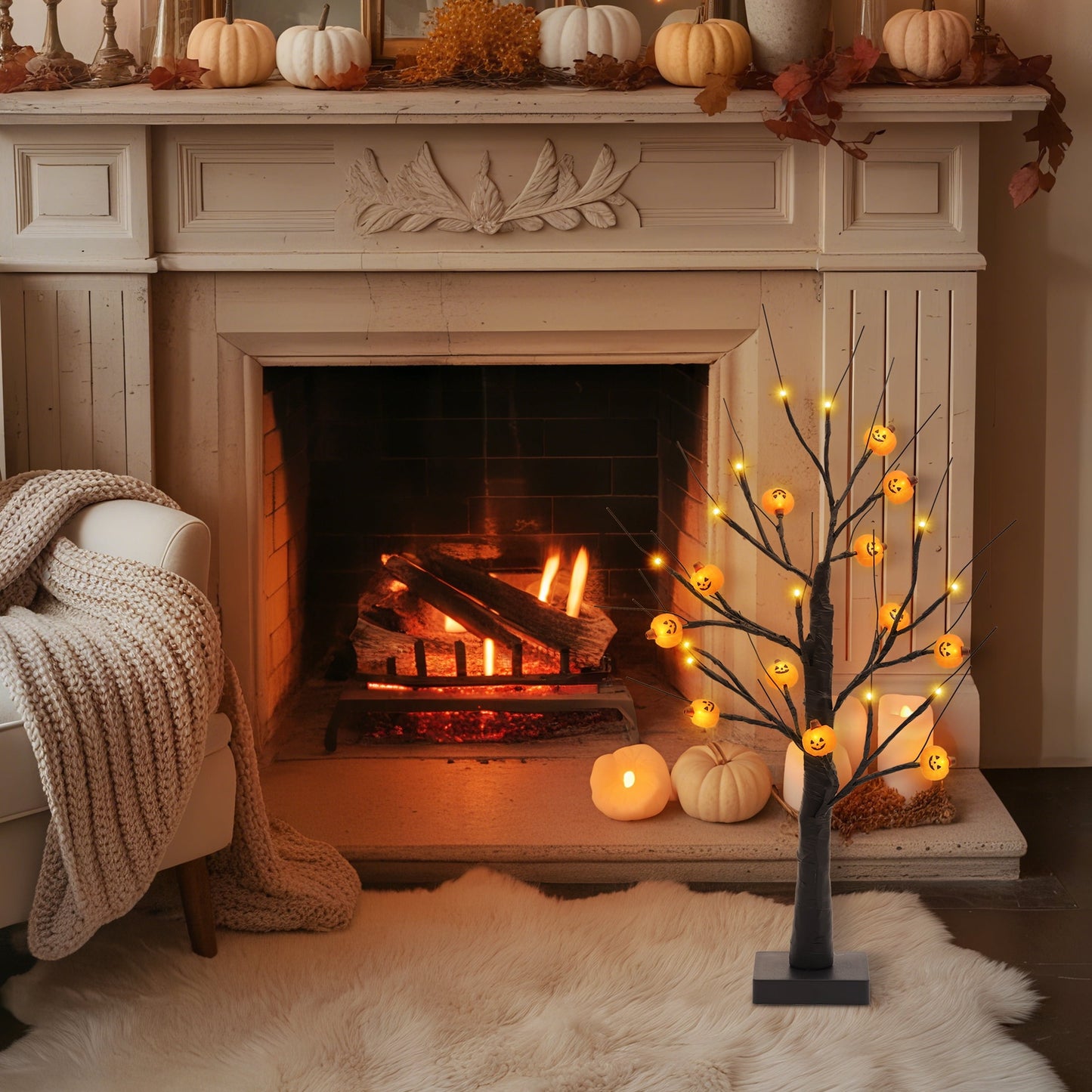 2FT Light-Up Tree with 12 Glowing Pumpkin Ornaments - Black Tabletop Decor, Battery/USB Powered LED Display for Indoor Festive Parties