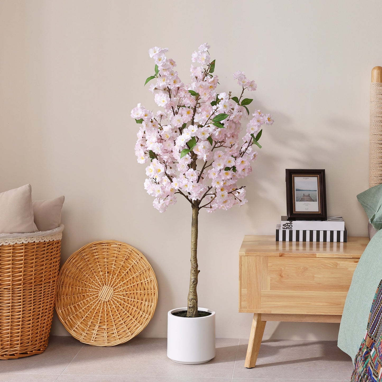 DR.Planzen 4.5ft Artificial Cherry Blossom Tree with White Planter, Tall Faux Flower Tree, Artificial Plants for Home Office Decor