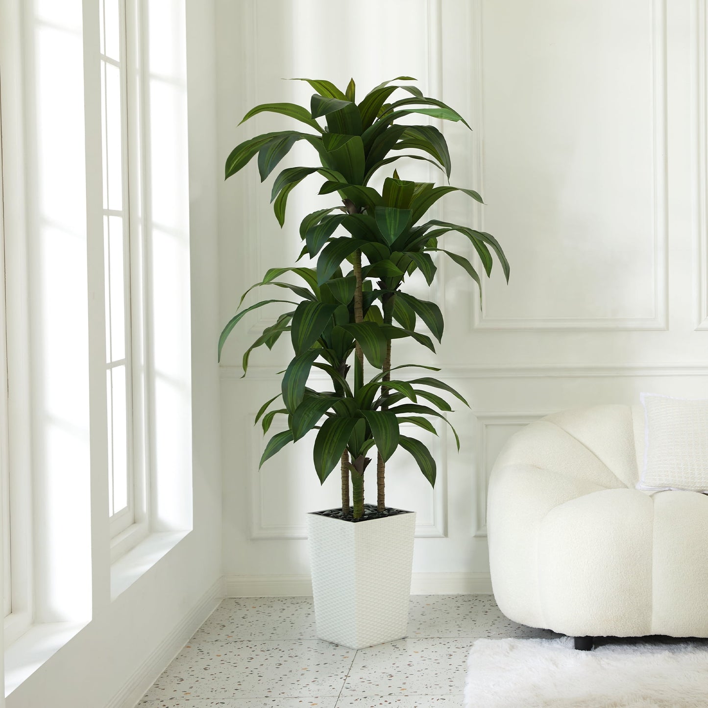 DR.Planzen Artificial Dracaena Tree 6ft - UV Protected Faux Dracaena Plant with 76 Green Leaves, Fake Tree for Indoor & Outdoor Use, Sturdy Tall Brown Planter with River Stones