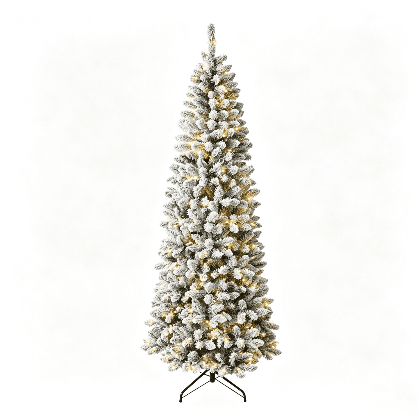 DR.Planzen 7ft Prelit Snow Flocked Slim Christmas Tree - Pencil Artificial Tree with 380 Dual Color LED Lights, 9 Modes and 953 Adjustable Branches for Apartments, Living Rooms