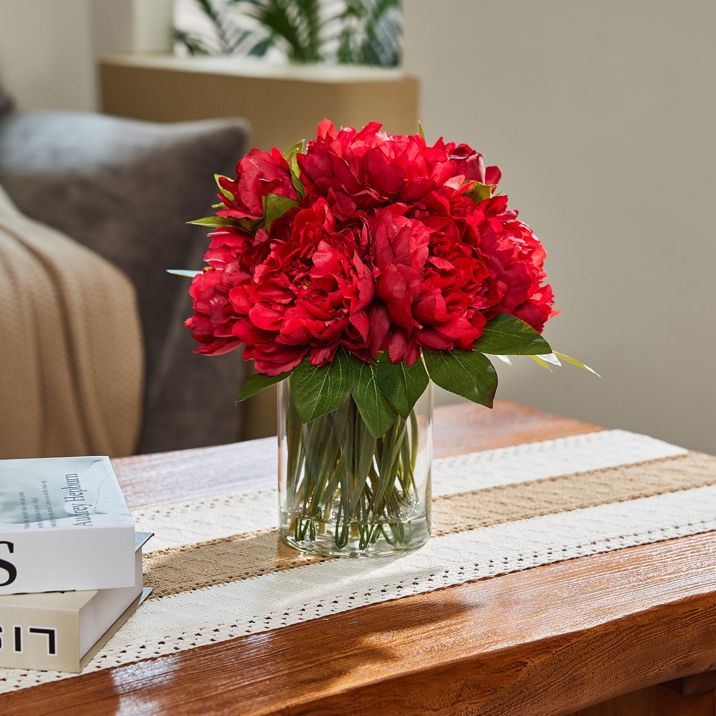 12in Artificial Peonies with Vase Fake Peony Flowers Red Artificial Flower Arrangement ¨C 9 Bloom Realistic Faux Peonies in Glass Vase with Faux Water for Table Centerpiece Wedding Home Office Decor