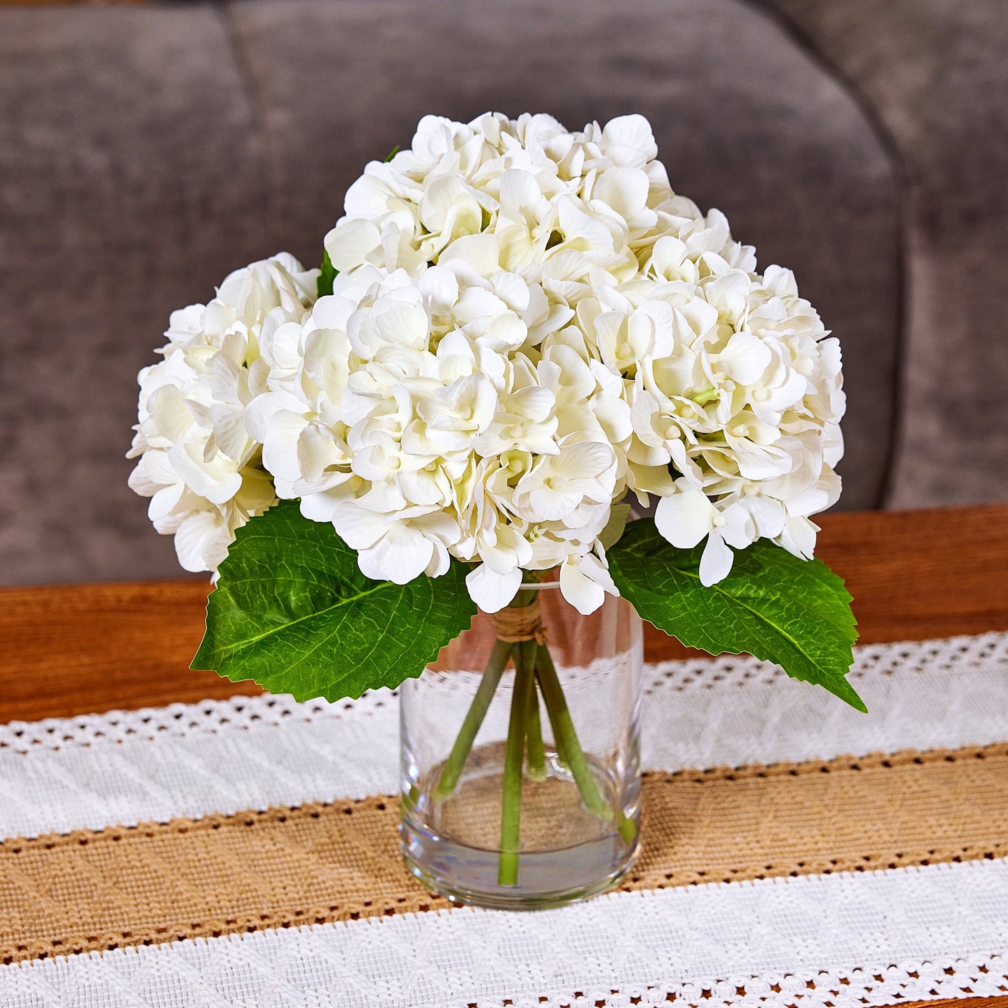 DR.Planzen 13in Artificial Hydrangea Flowers with Vase - White Faux Hydrangea Flowers, Clear Glass Vase with Faux Water, Table Centerpiece for Home Decor, Office, Wedding Party